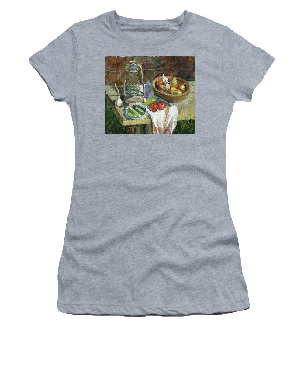 Paraffin Stove Women's T-Shirt featuring the painting A rustic still life by Juliya Zhukova