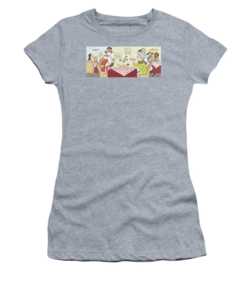 Rome Romp Women's T-Shirt featuring the digital art A Spaghetti Lunch--With Text by Renee Andriani