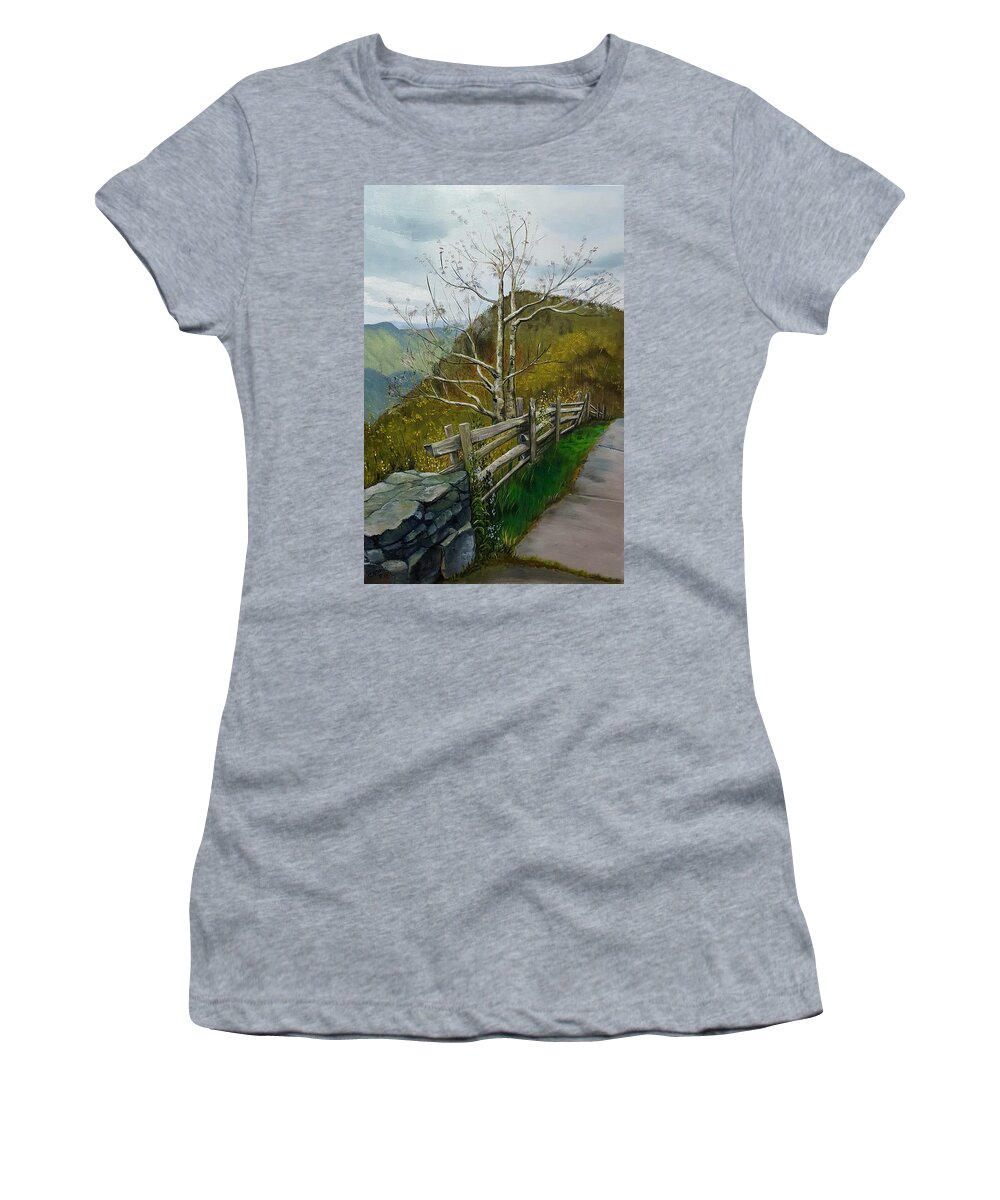 Blue Ridge Parkway Women's T-Shirt featuring the painting A Walk Along the Edge by Connie Rish