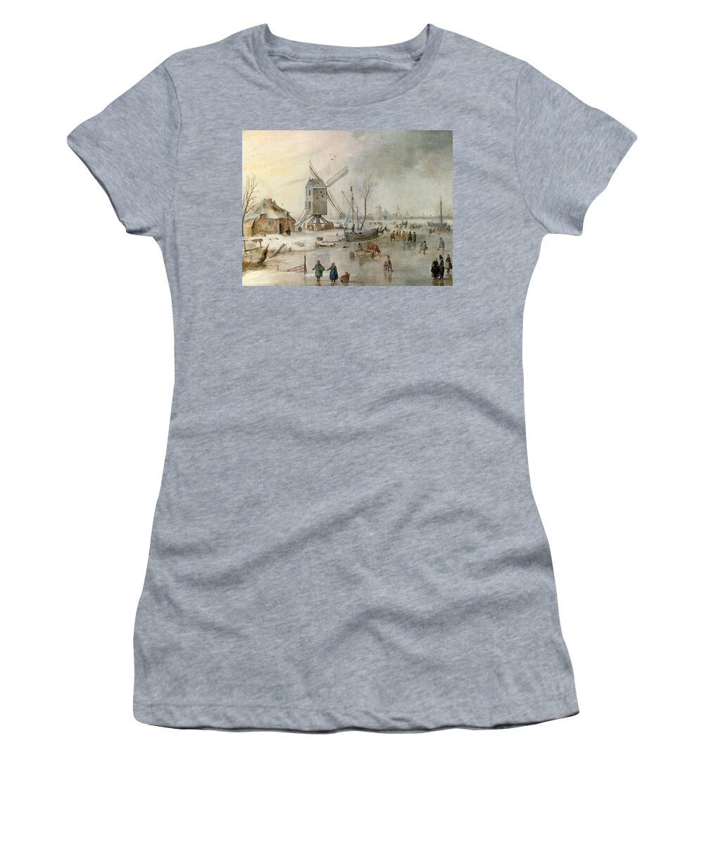 Hendrick Avercamp Women's T-Shirt featuring the painting A Winter Scene with a Windmill and Figures on a Frozen River by Hendrick Avercamp