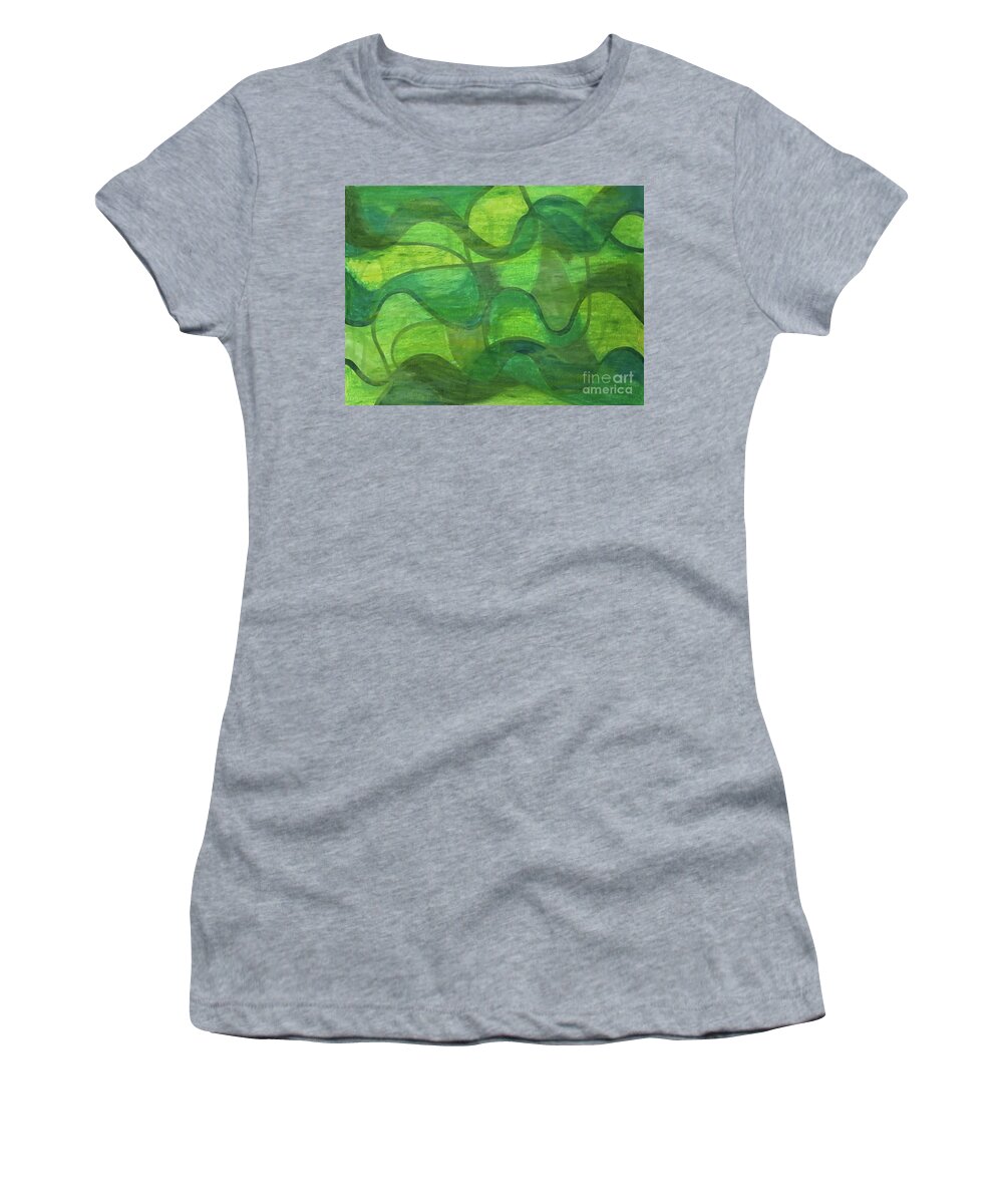 Abstract Green Wave Connection By Annette M Stevenson Women's T-Shirt featuring the painting Abstract Green Wave Connection by Annette M Stevenson