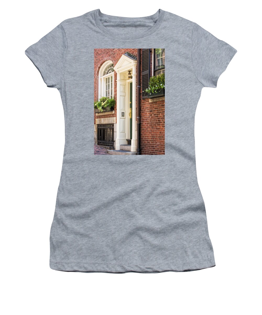 Acorn Street Women's T-Shirt featuring the photograph Acorn Street Door And Windows by Susan Candelario