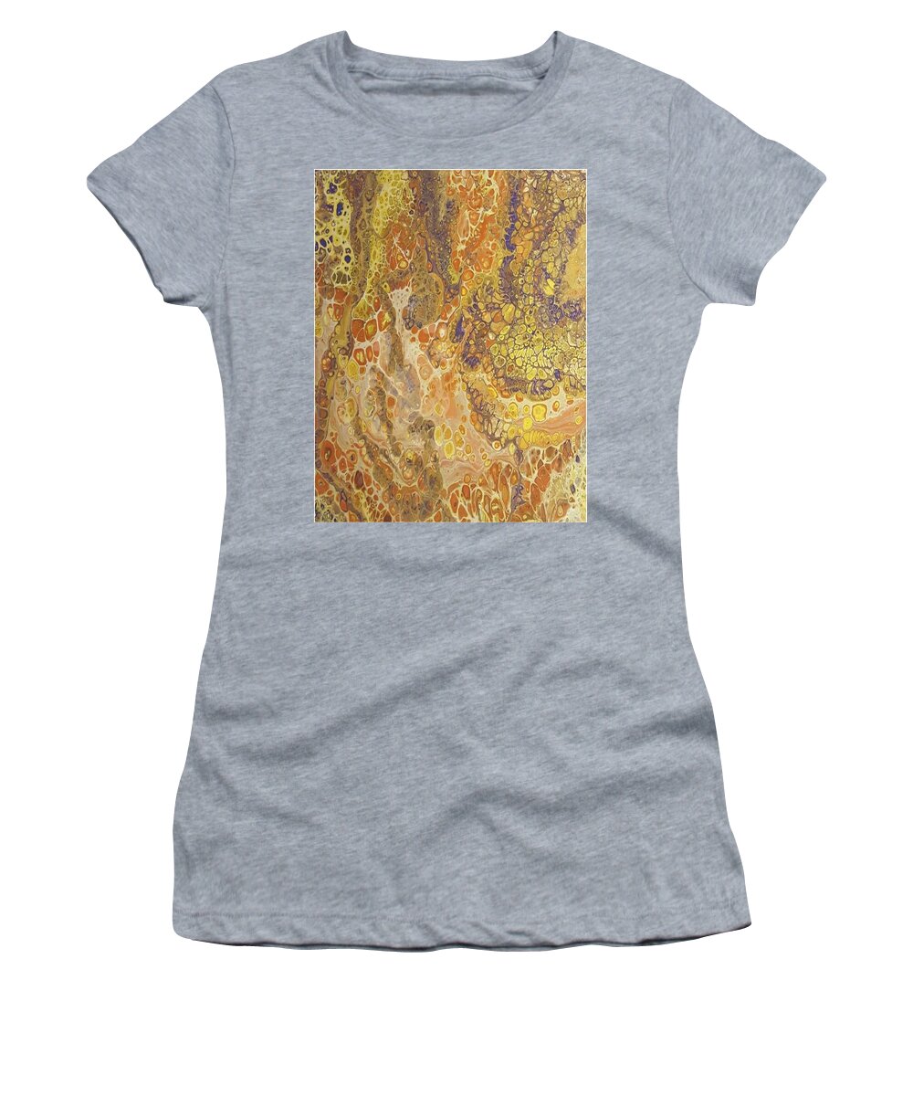 #acrylicdirtypour #abstractacrylics #coolart #paintingswithbrownsyellowpurpleandgold #acrylicart #interestingart #abstractartforsale #camvasartprints #originalartforsale #abstractartpaintings Women's T-Shirt featuring the painting Acrylic Dirty Pour with Browns, yellows, orange, gold and purple by Cynthia Silverman