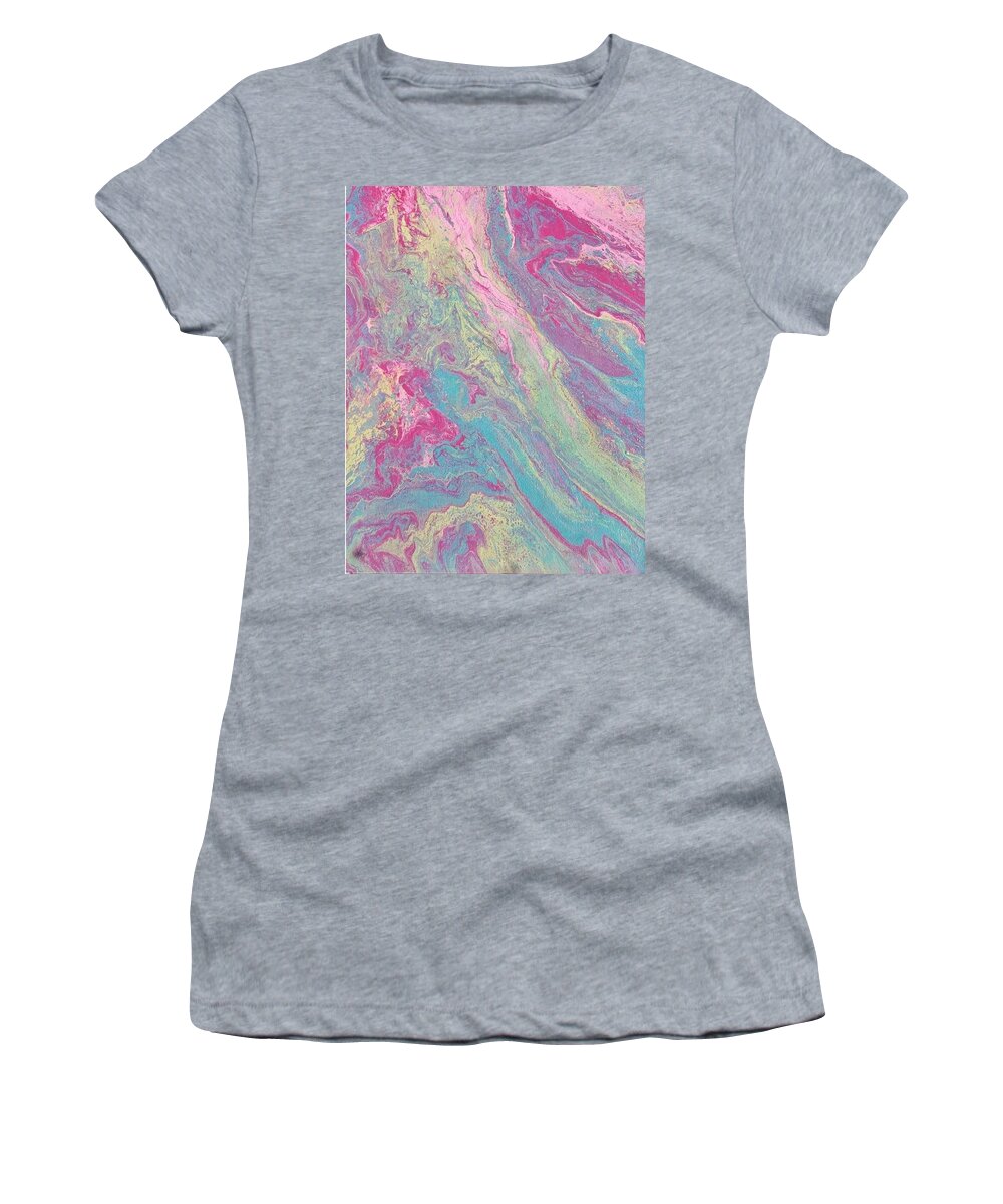 #acrylicditypour #abstractacrylics #abstractartwork #colorfulartwork #abstractartforsale #camvasartprints #originalartforsale #abstractartpaintings Women's T-Shirt featuring the painting Acrylic Dirty Pour with pinks aquas and yellow by Cynthia Silverman