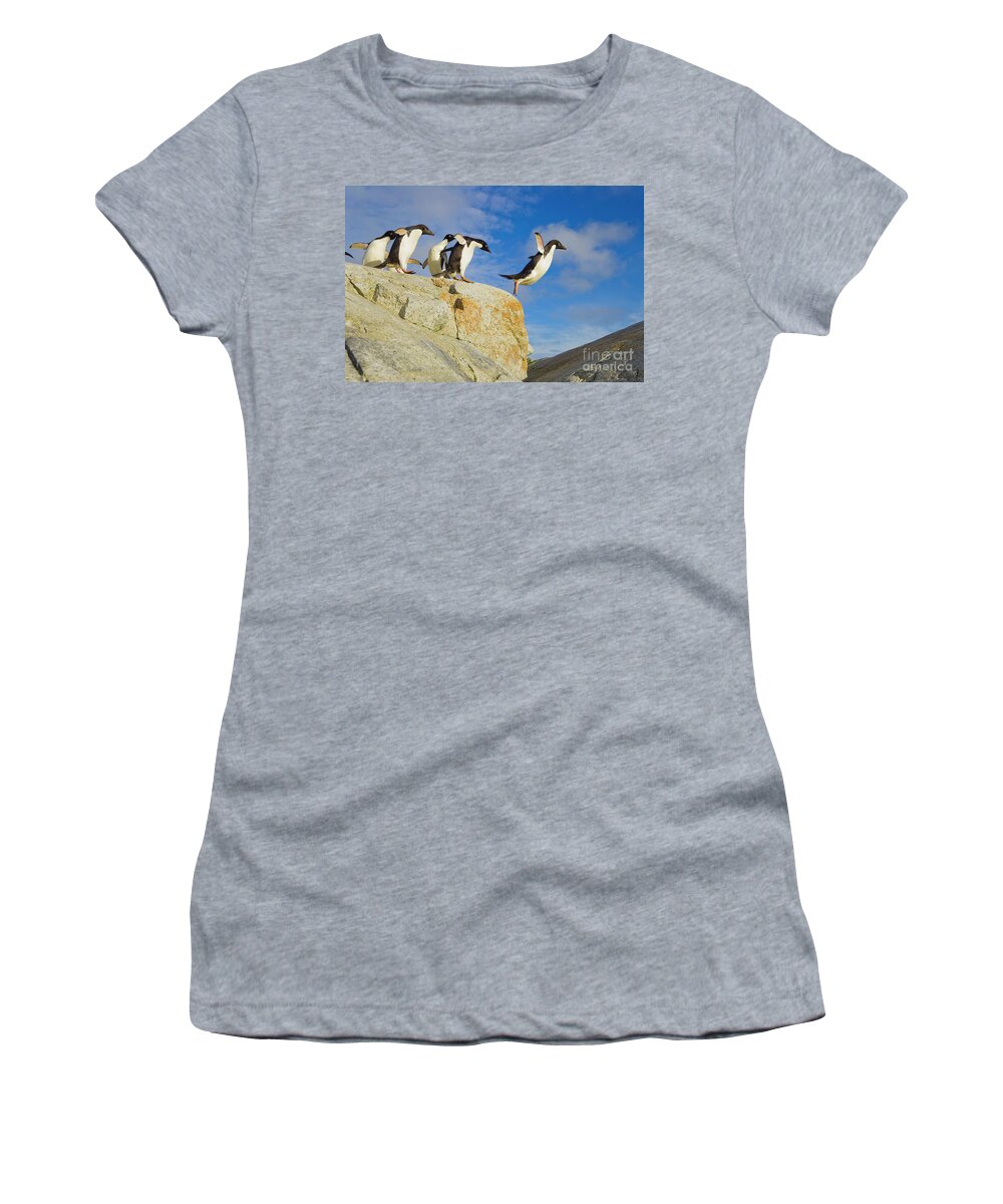 00345624 Women's T-Shirt featuring the photograph Adelie Penguins Jumping by Yva Momatiuk John Eastcott