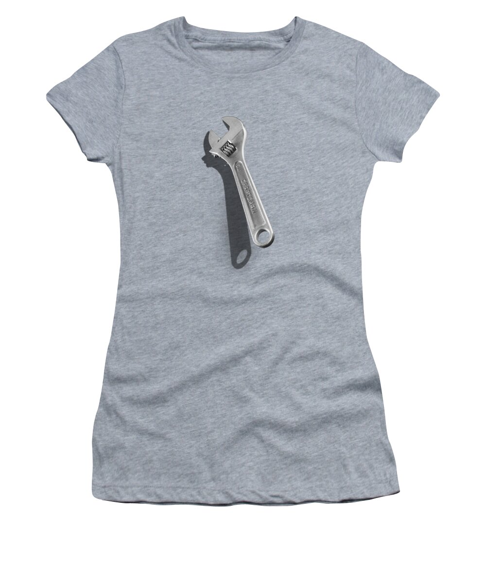 Black Women's T-Shirt featuring the photograph Adjustable Wrench over Wood 72 in Black and White by YoPedro