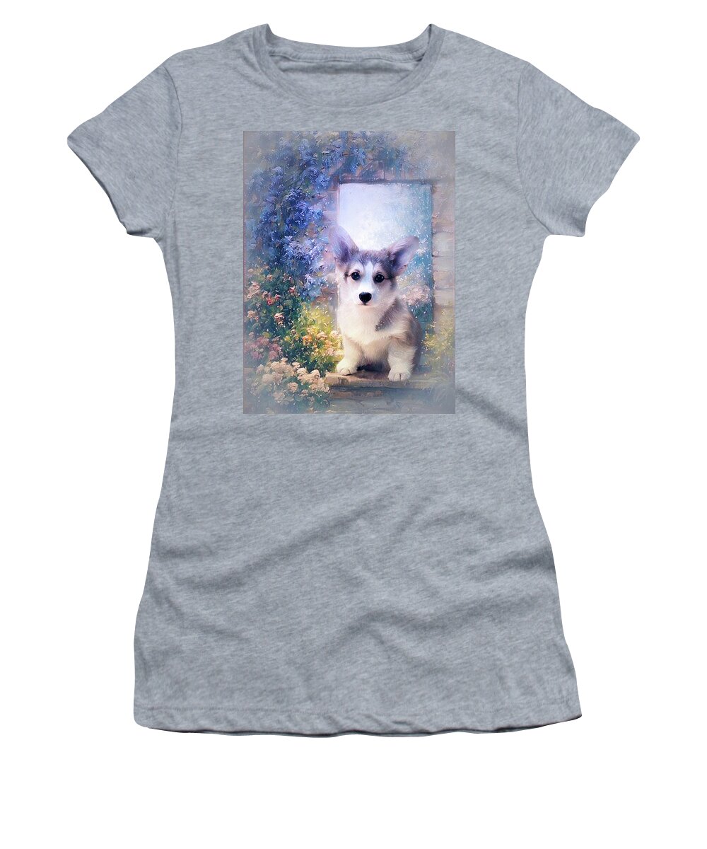 Corgi Puppy Women's T-Shirt featuring the mixed media Adorable Corgi Puppy by Kathy Kelly