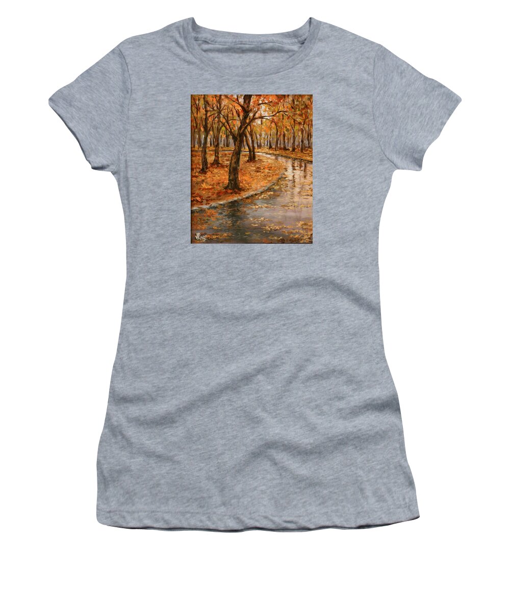 Rain Women's T-Shirt featuring the painting After rain,walk in the Central Park by Vali Irina Ciobanu