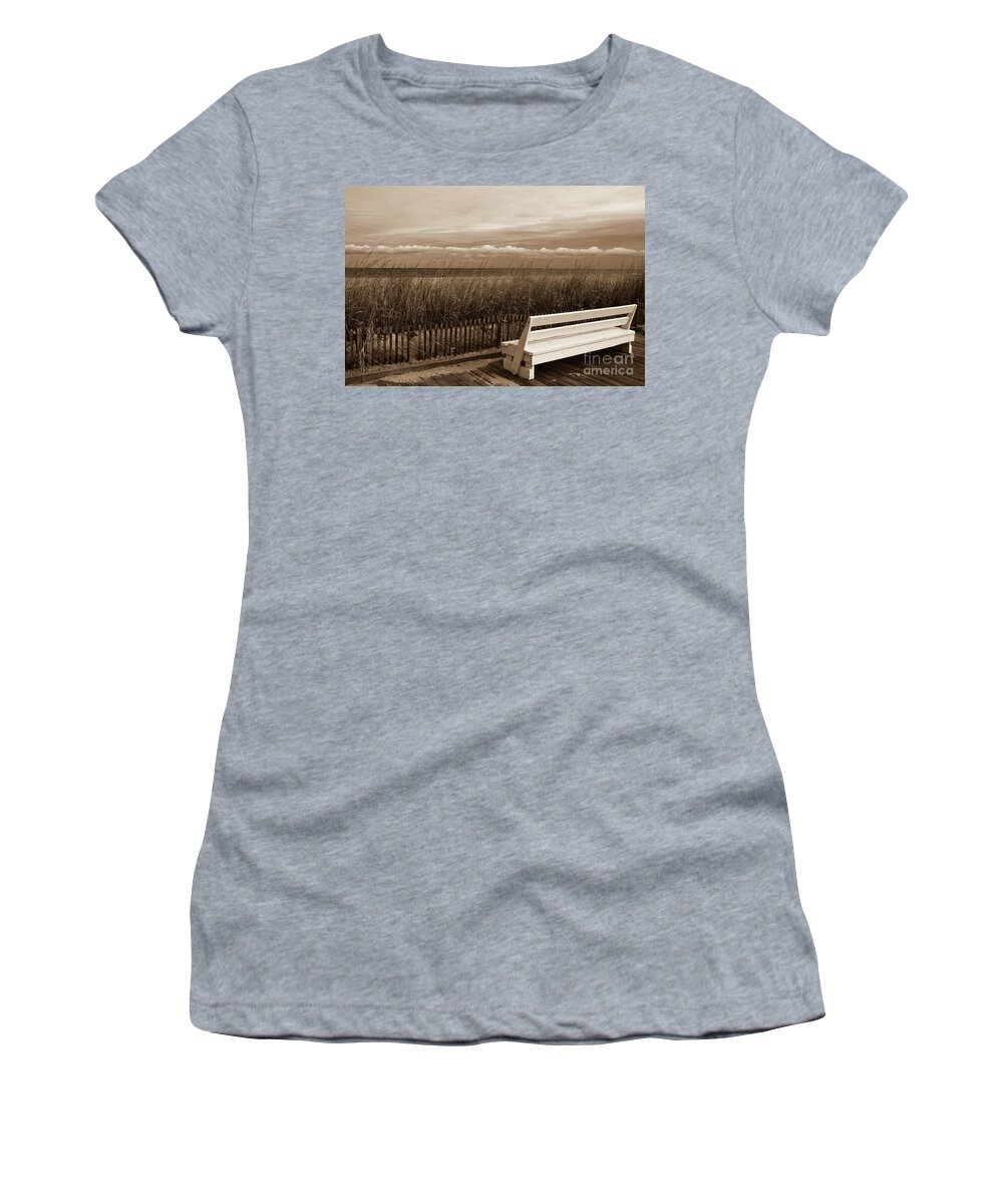 Boardwalk Women's T-Shirt featuring the photograph Aged View Sepia Boardwalk / Coastal Landscape Photograph by PIPA Fine Art - Simply Solid