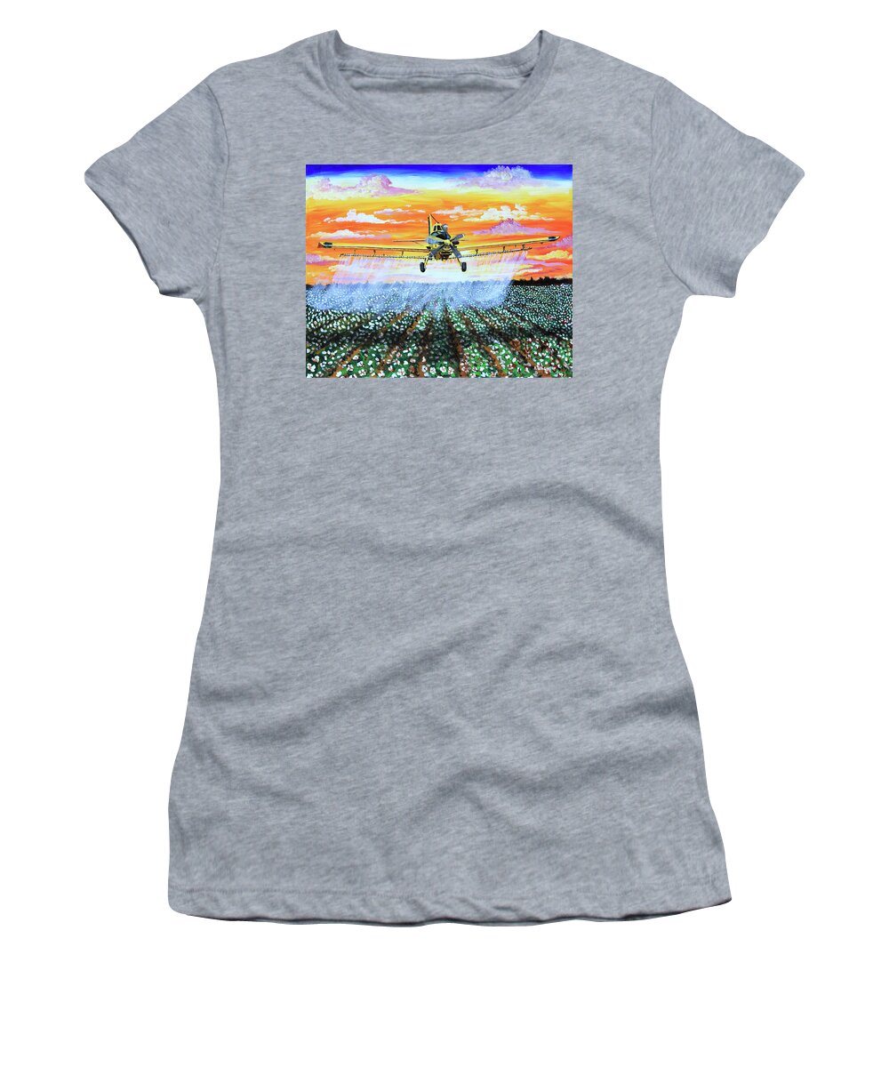 Air Tractor Women's T-Shirt featuring the painting Air Tractor at Sunset Over Cotton by Karl Wagner