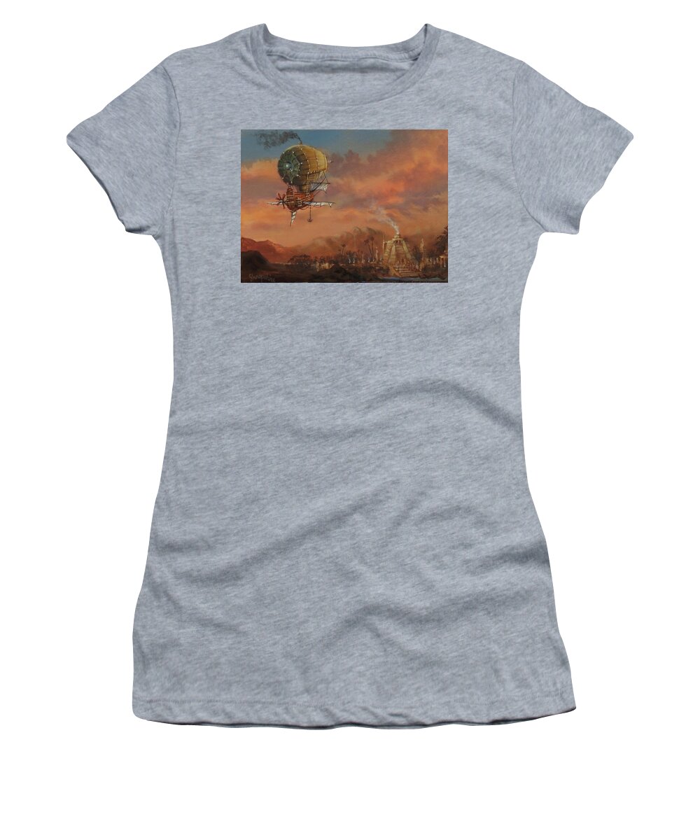 : Atlantis Women's T-Shirt featuring the painting Airship Over Atlantis Steampunk Series by Tom Shropshire