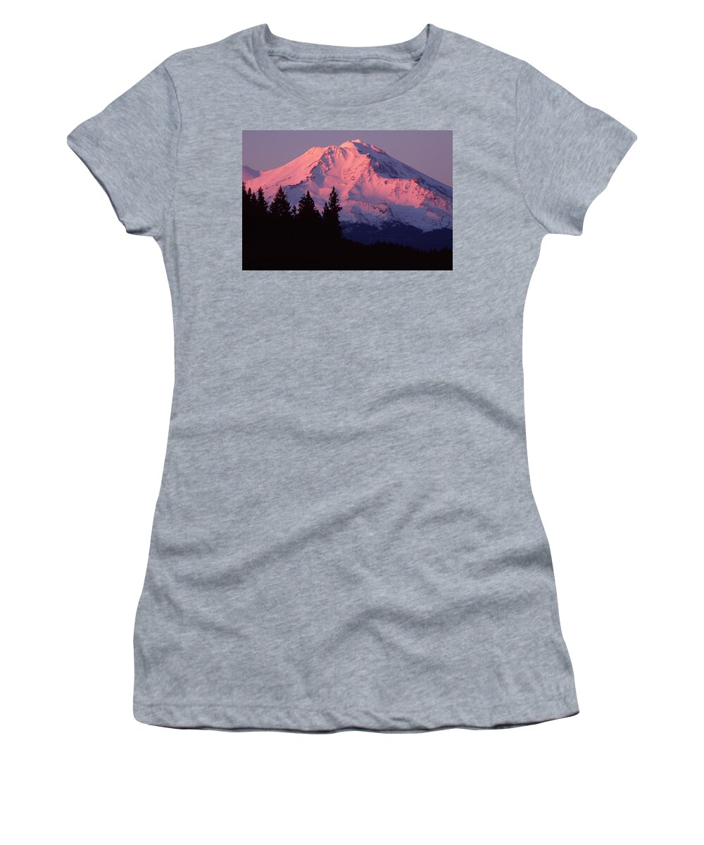 Mt Shasta Women's T-Shirt featuring the photograph Alpenglow - Mt Shasta by Denise Dethlefsen