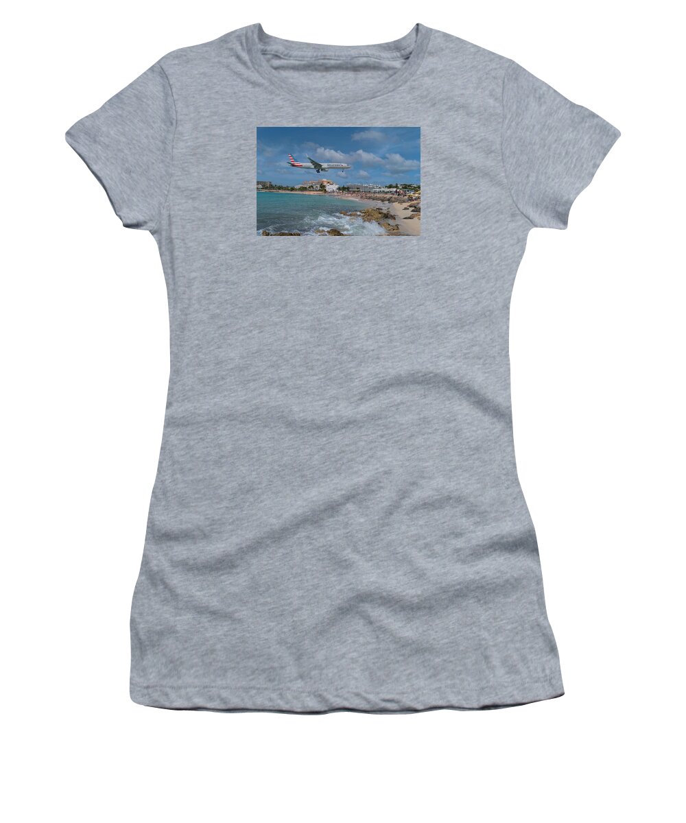 American Airlines Women's T-Shirt featuring the photograph American Airlines landing at St. Maarten airport by David Gleeson