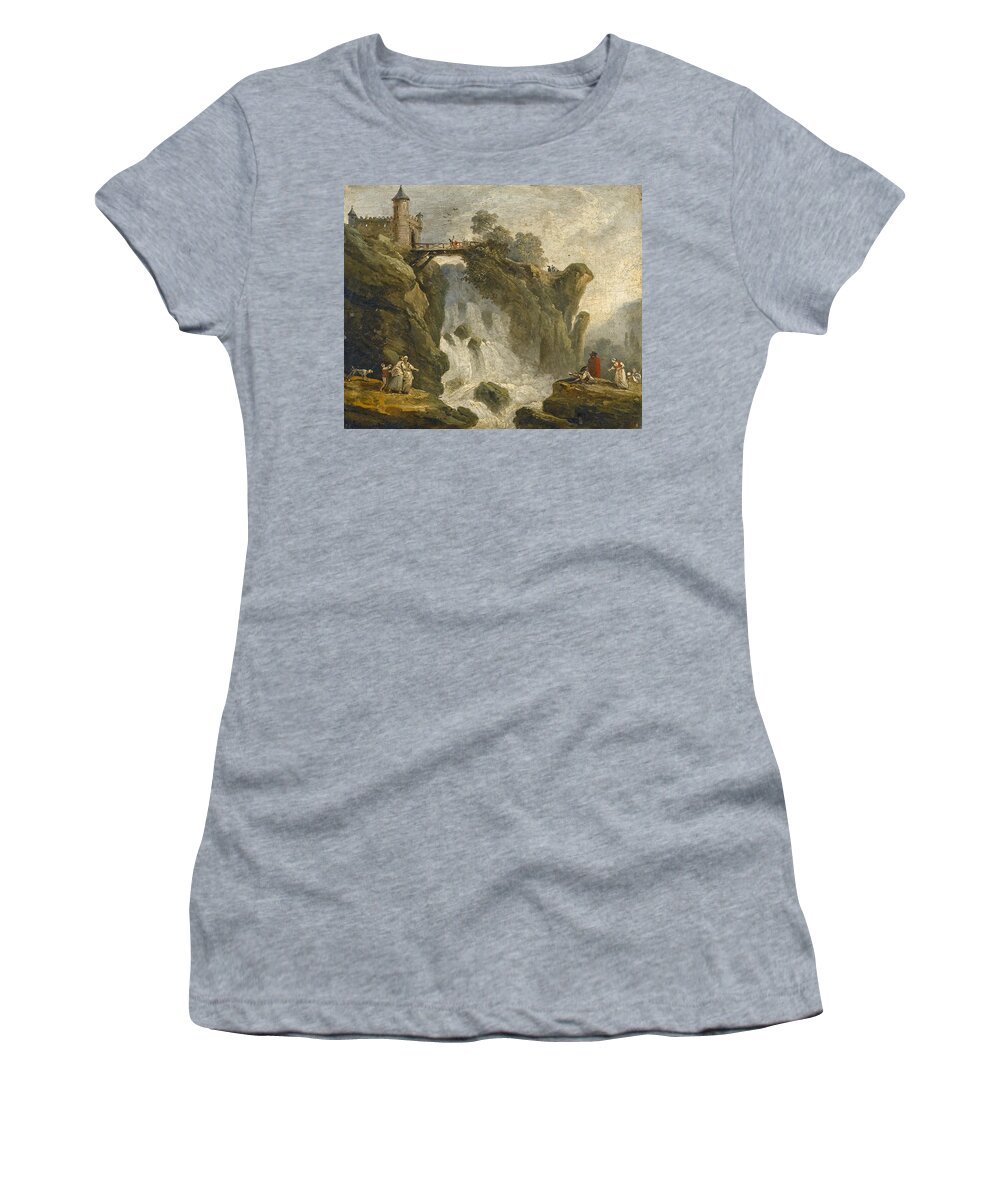 Hubert Robert Women's T-Shirt featuring the painting An Artist sketching with other Figures beneath a Waterfall by Hubert Robert