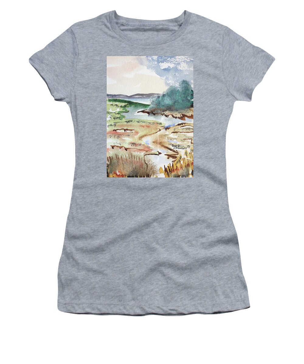 Landscape Women's T-Shirt featuring the painting And Still Runs the River by Roger Cummiskey