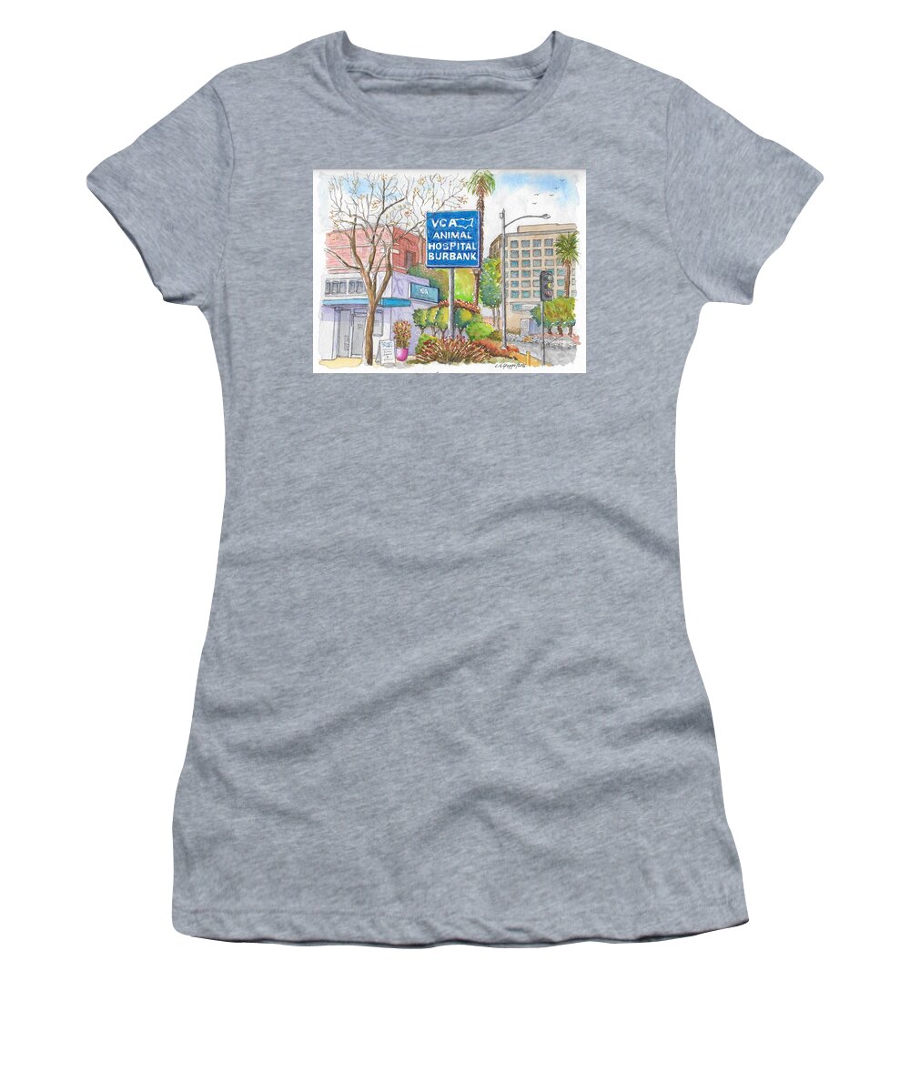 Animal Hospital Women's T-Shirt featuring the painting Anibal Hospital Burbank in Olive St., Burbank, California by Carlos G Groppa