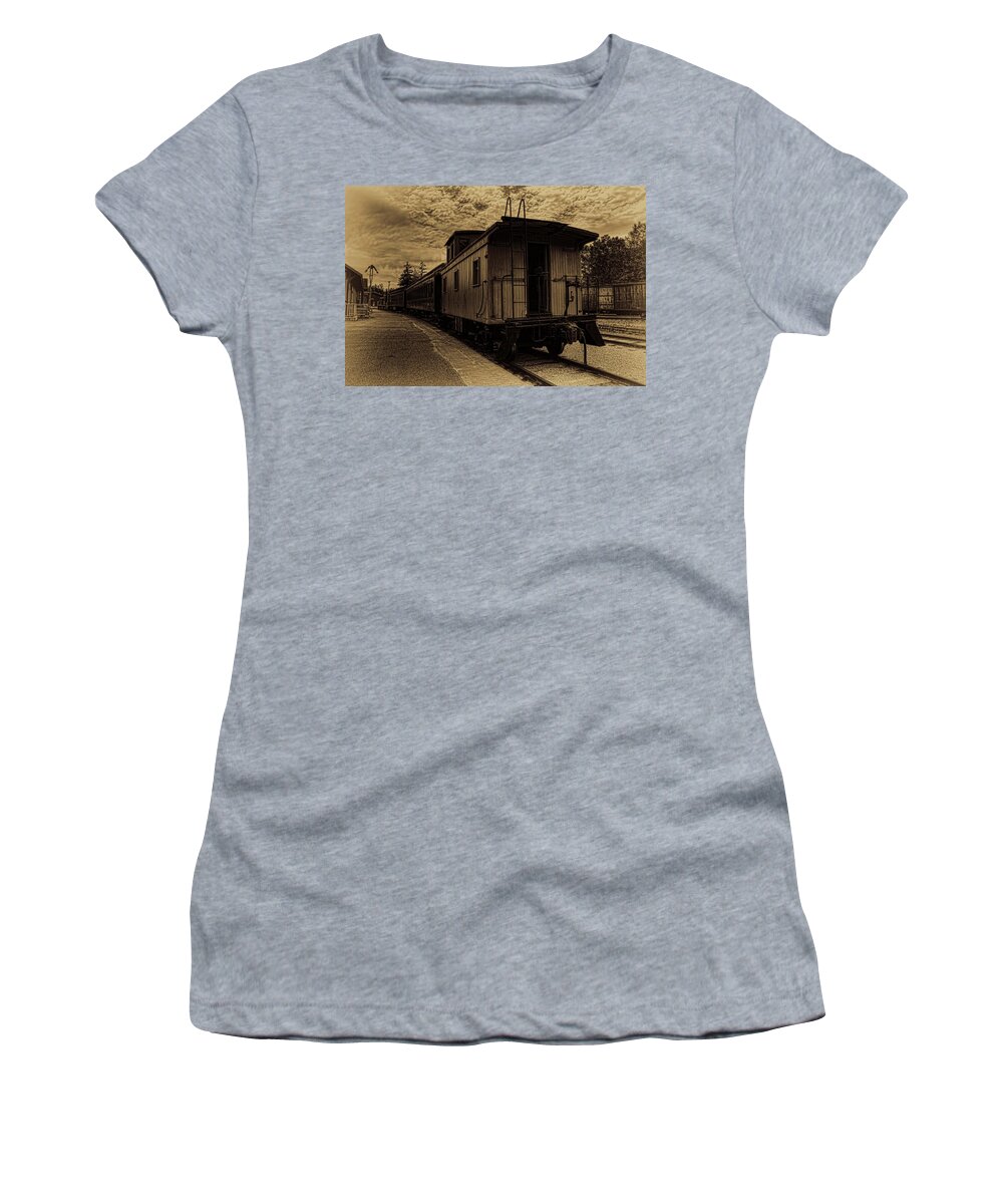 Sepia Women's T-Shirt featuring the photograph Antique Iron Range Caboose by Dale Kauzlaric