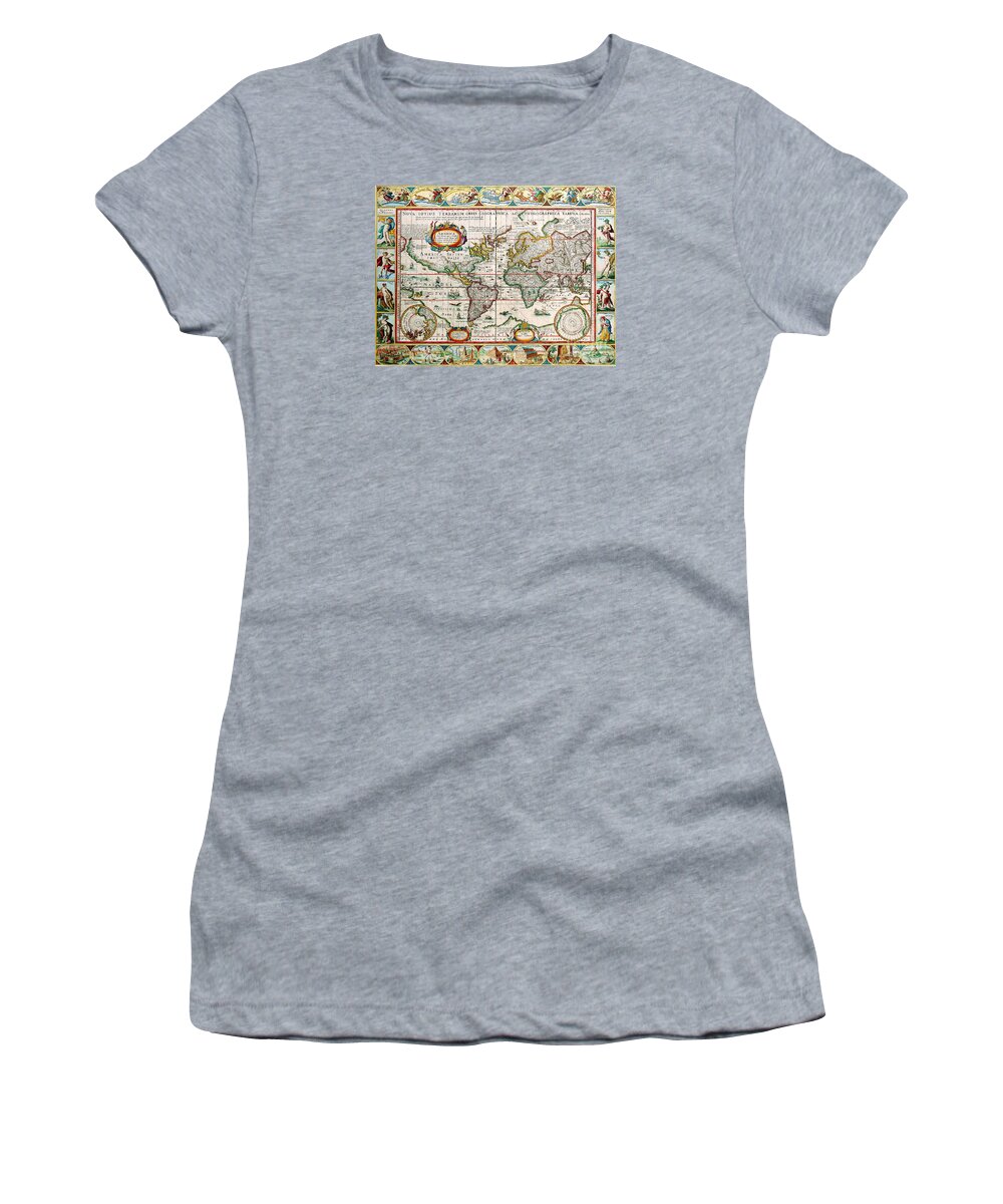 Antique Women's T-Shirt featuring the painting Antique Maps of the World Map The Americas Pieter Van Den Keere c 1628 by Vintage Collectables