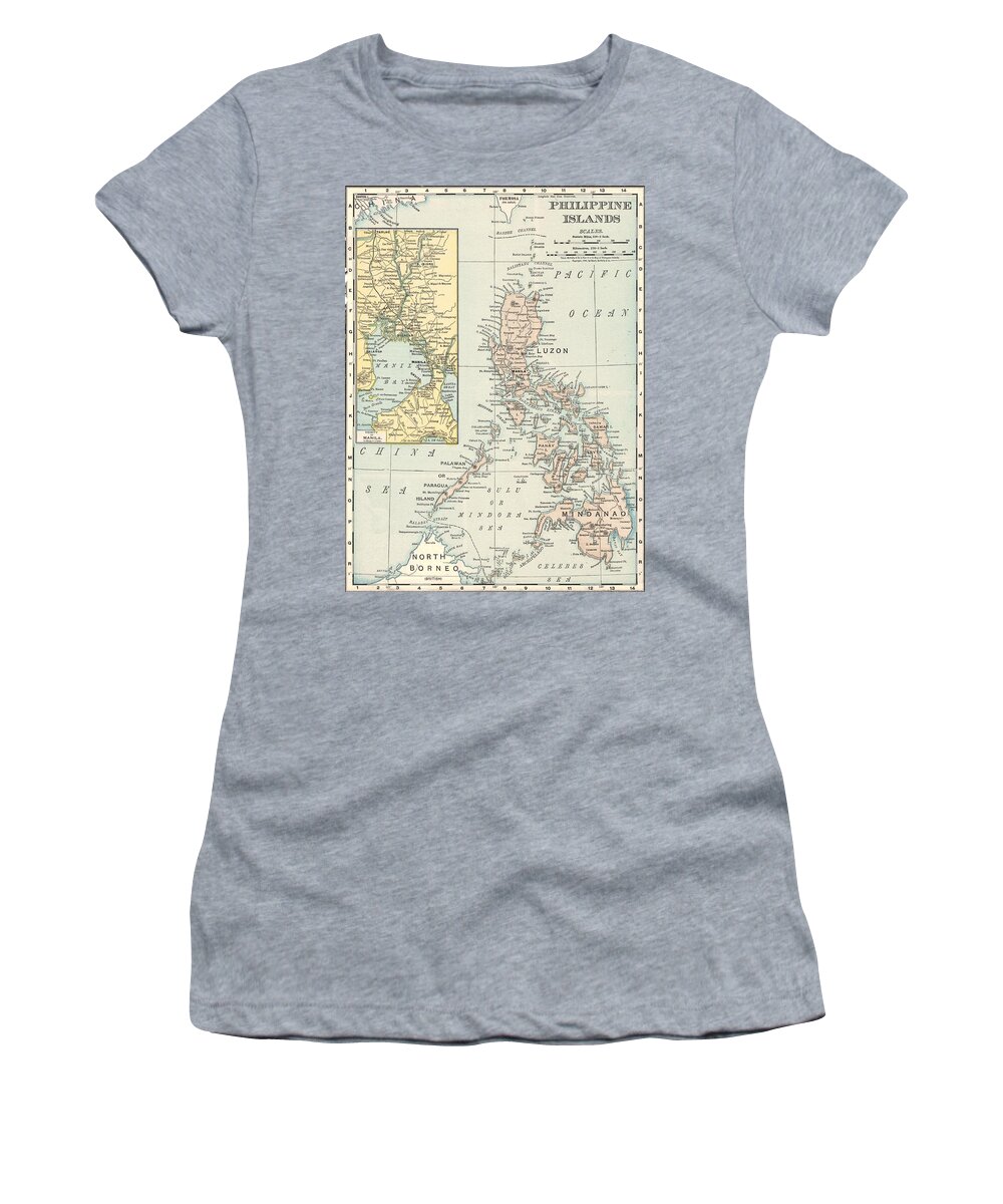 Antique Philippine Island Map Women's T-Shirt featuring the drawing Antique Maps - Old Cartographic maps - Antique Map of Philippine Islands and Manila Bay, 1898 by Studio Grafiikka