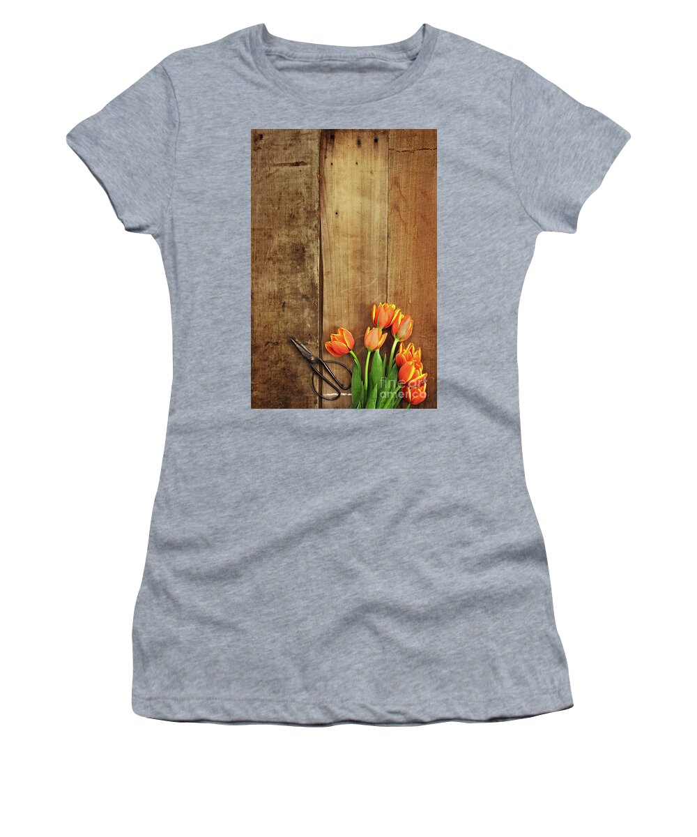 Tulips Women's T-Shirt featuring the photograph Antique Scissors and Tulips by Stephanie Frey