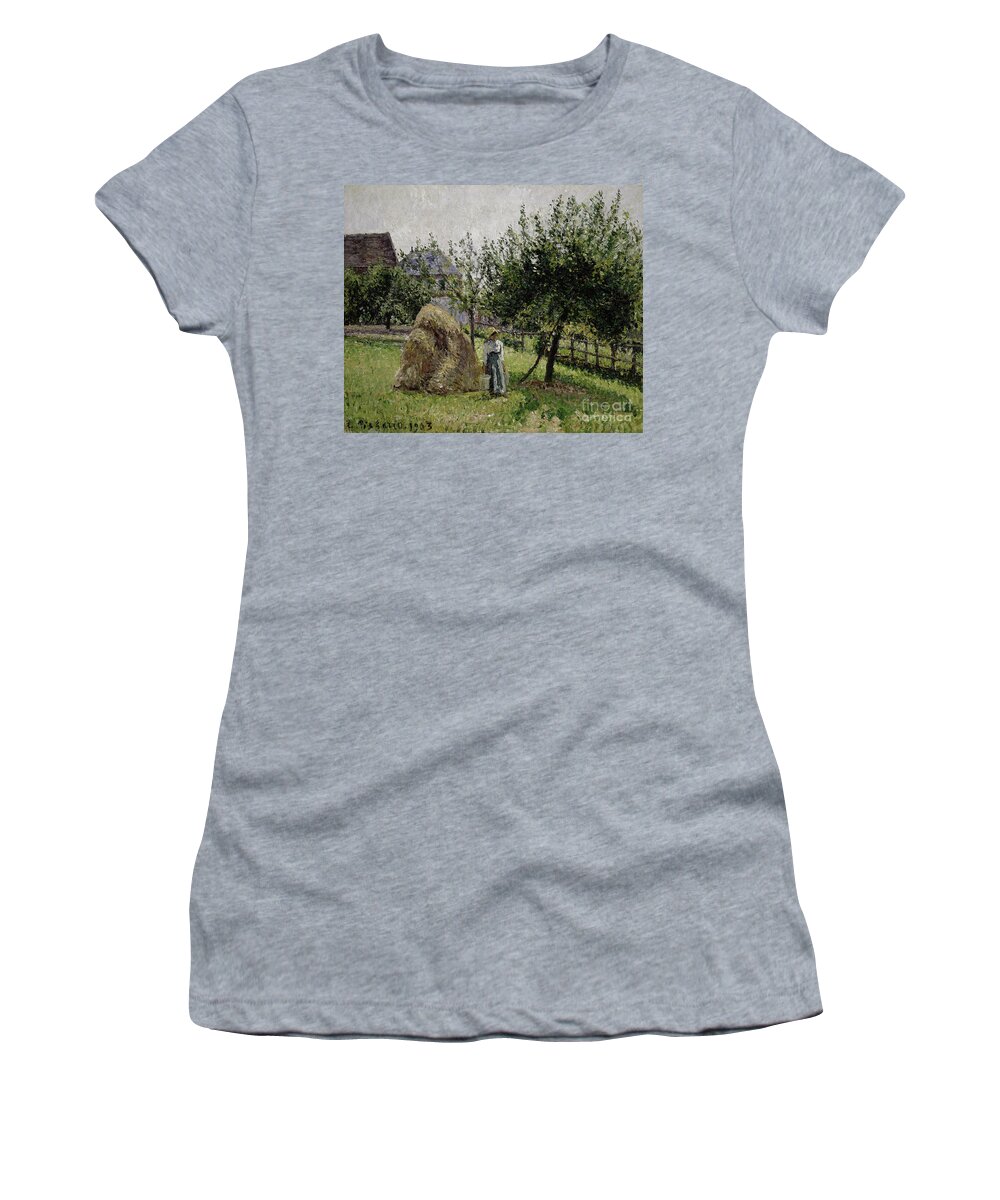 Camille Pissarro Women's T-Shirt featuring the painting Apple Trees in Eragny, Sunny Morning, 1903 by Camille Pissarro