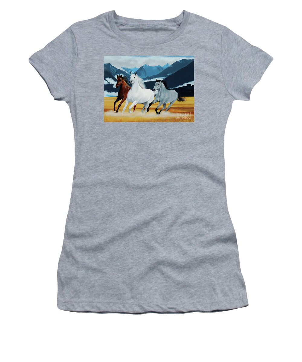 Tolkien Women's T-Shirt featuring the painting Arod, Shadowfax and Hasufel by Gordon Palmer