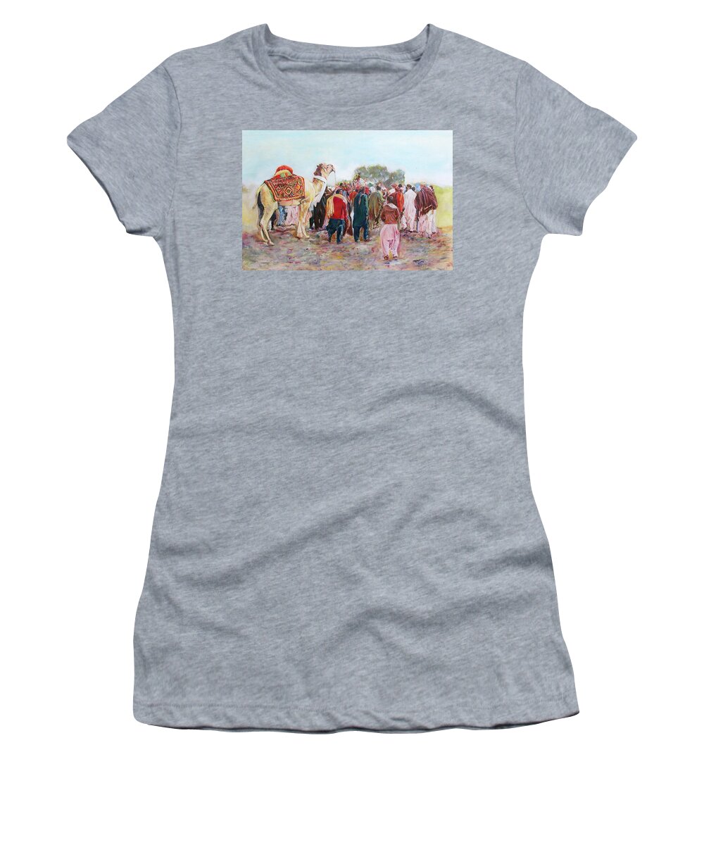 Festival Women's T-Shirt featuring the painting Around the music party by Khalid Saeed