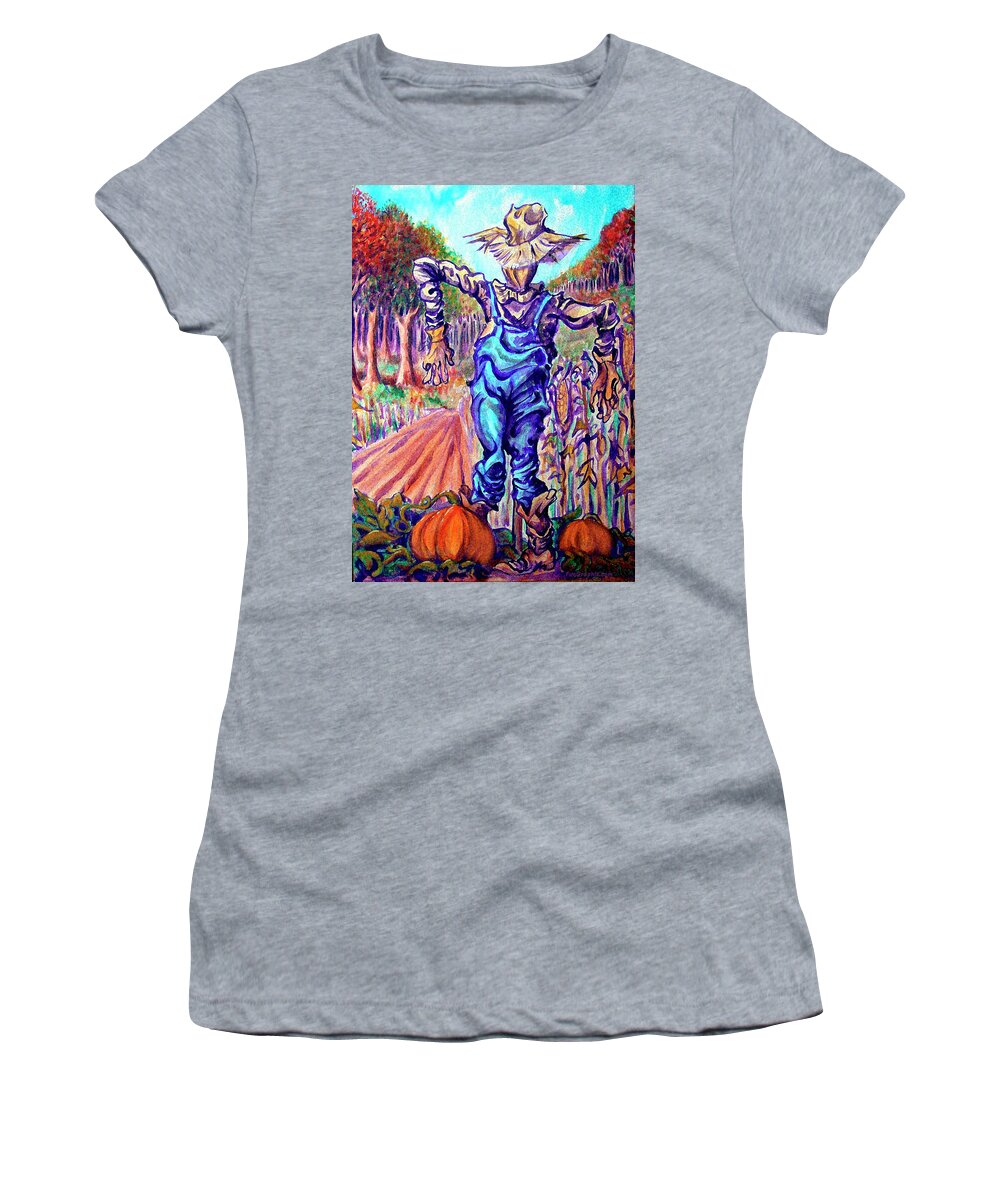 Scarecrow Women's T-Shirt featuring the digital art Scarecrow in Harvest Field by Kevin Middleton
