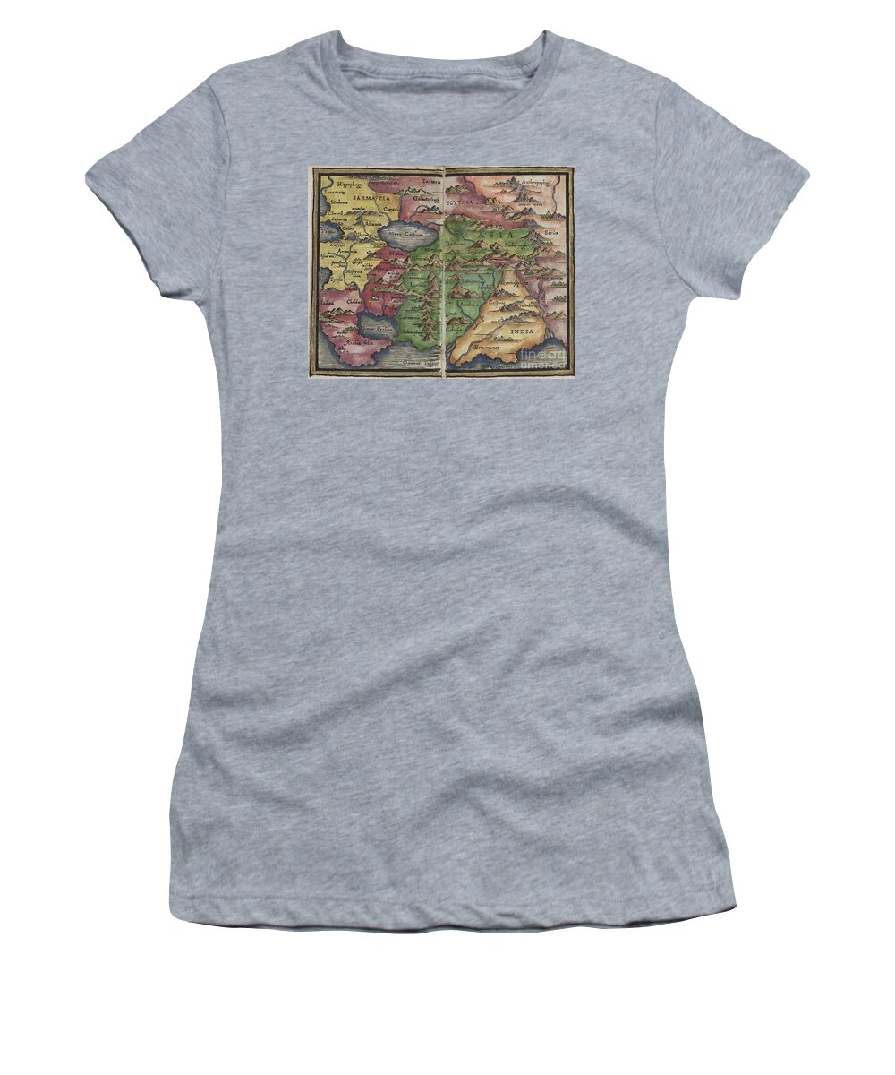 Images Women's T-Shirt featuring the photograph Asia map by Johannes Honter 1542 by Rick Bures