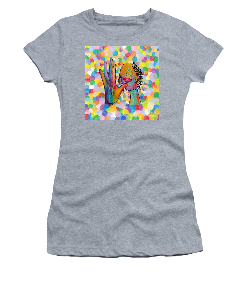 Asl Women's T-Shirt featuring the painting ASL Mother on a Bright Bubble Background by Eloise Schneider Mote
