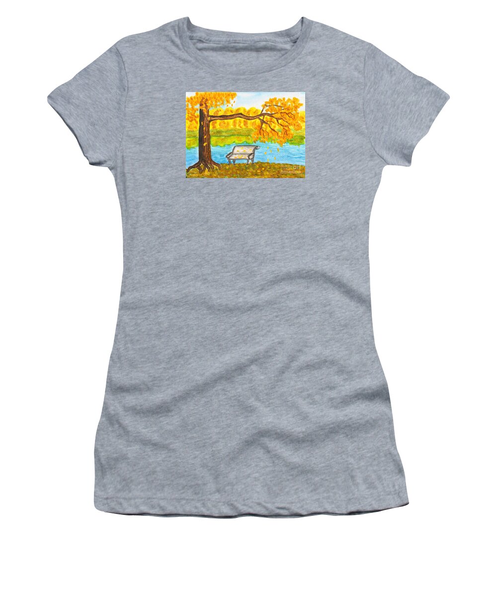 Art Women's T-Shirt featuring the painting Autumn landscape with tree and bench, painting by Irina Afonskaya