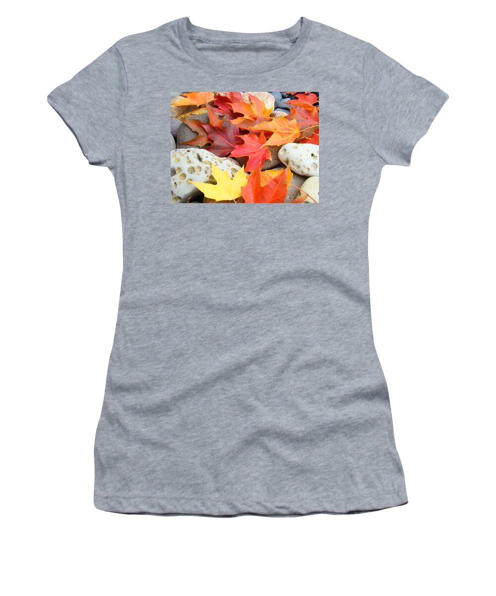 Autumn Women's T-Shirt featuring the photograph AUTUMN LEAVES Art Print Coastal FOSSIL ROCKS Baslee Troutman by Patti Baslee