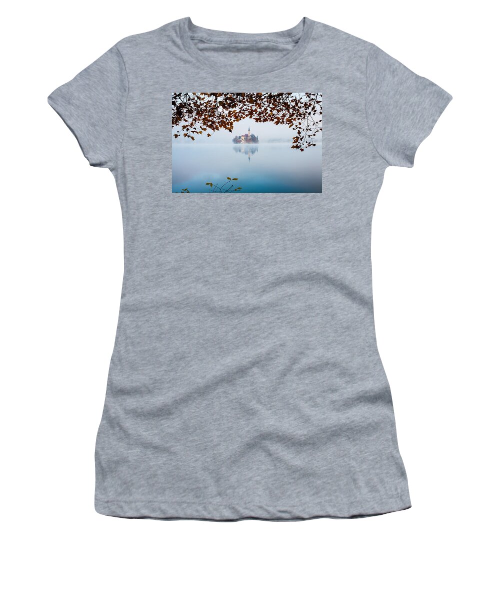 Bled Women's T-Shirt featuring the photograph Autumn Mist over Lake Bled by Ian Middleton