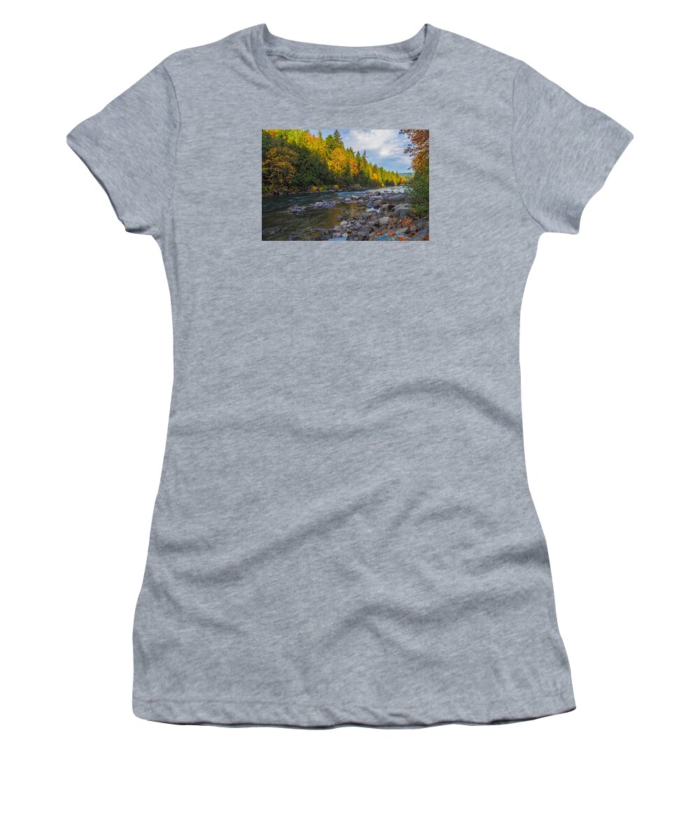 River Women's T-Shirt featuring the photograph Autumn Morning Light on the Snoqualmie by Ken Stanback