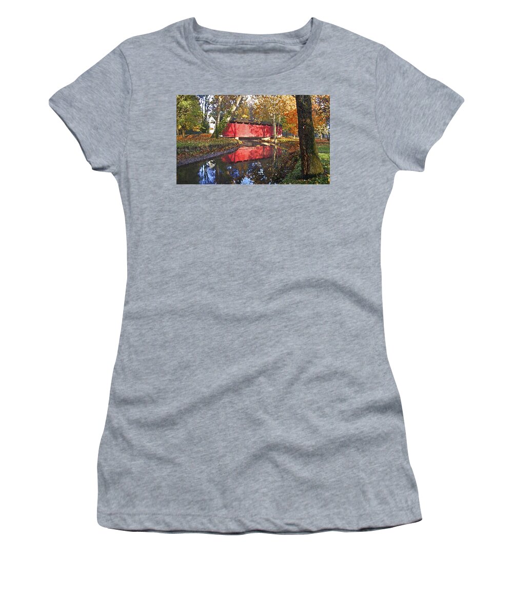 Covered Bridge Women's T-Shirt featuring the photograph Autumn Sunrise Bridge by Margie Wildblood