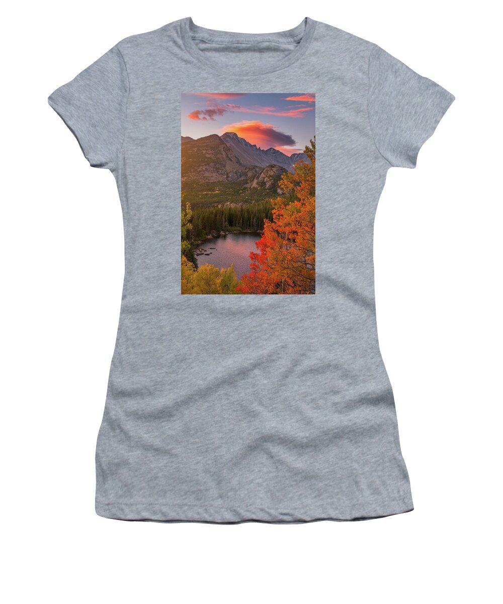 Sunrise Women's T-Shirt featuring the photograph Autumn Sunrise over Longs Peak by Darren White