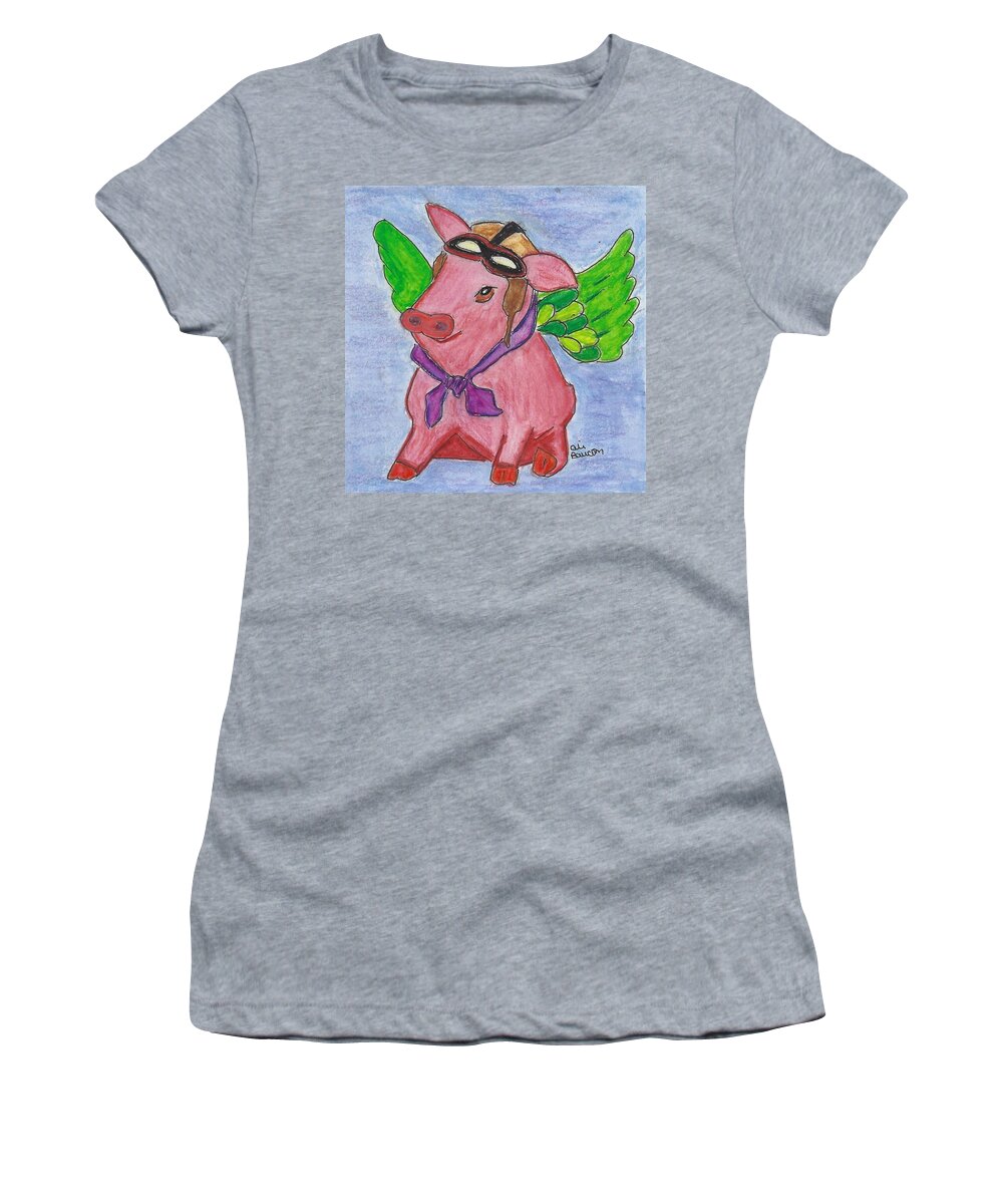 Pig Women's T-Shirt featuring the mixed media Aviator Pig by Ali Baucom