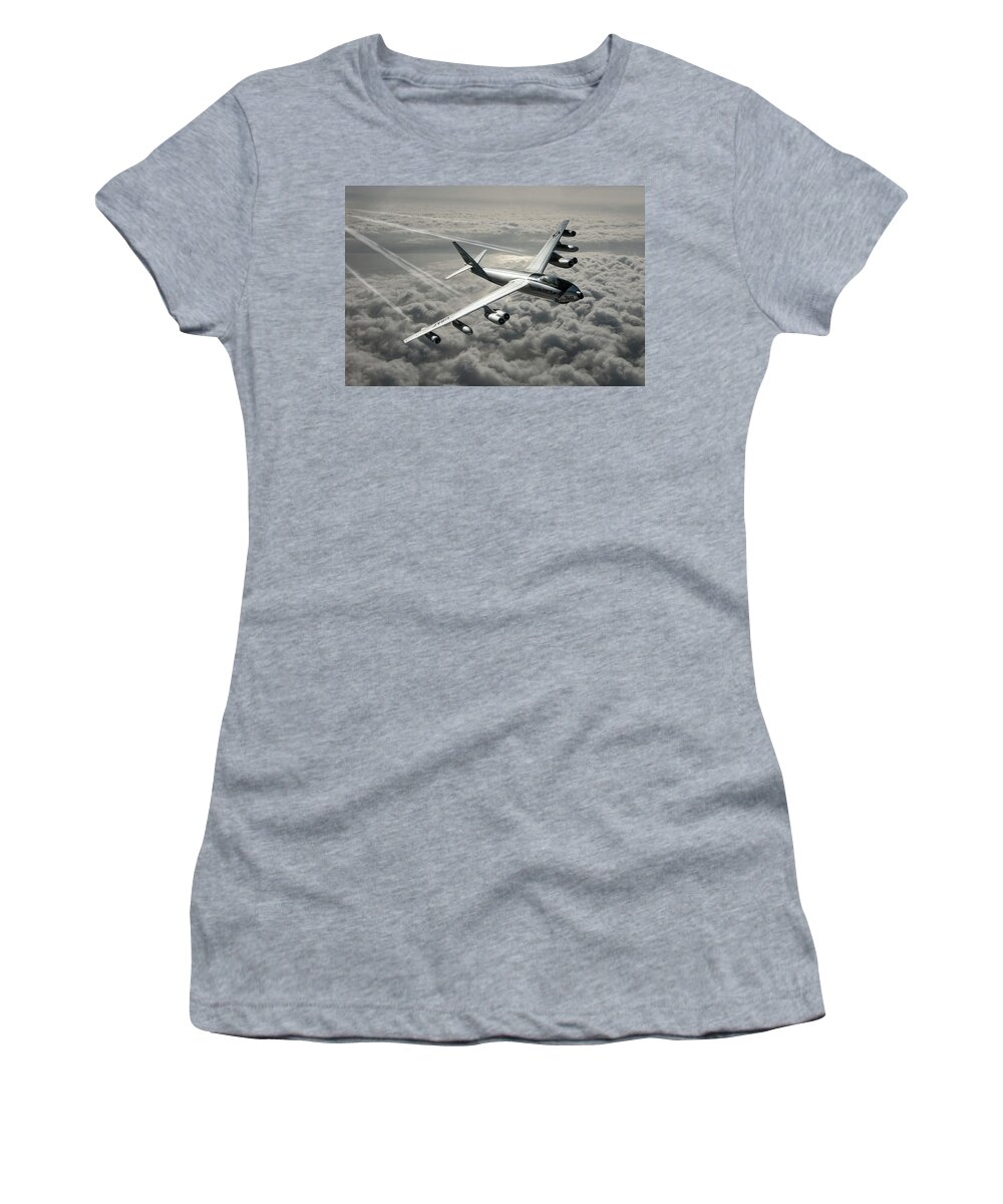 Boeing B-47 Stratojet Women's T-Shirt featuring the digital art B-47E Stratojet with Contrails by Erik Simonsen