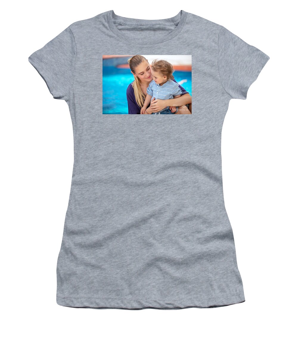 Activity Women's T-Shirt featuring the photograph Baby boy with mom on the beach resort by Anna Om