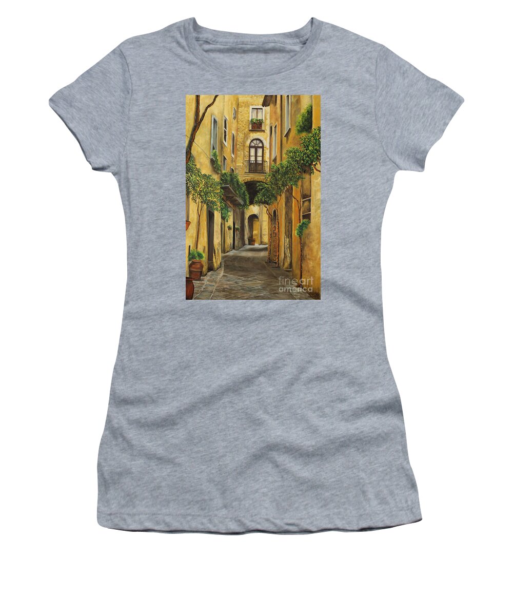 Italy Paintings Women's T-Shirt featuring the painting Back Street in Italy by Charlotte Blanchard