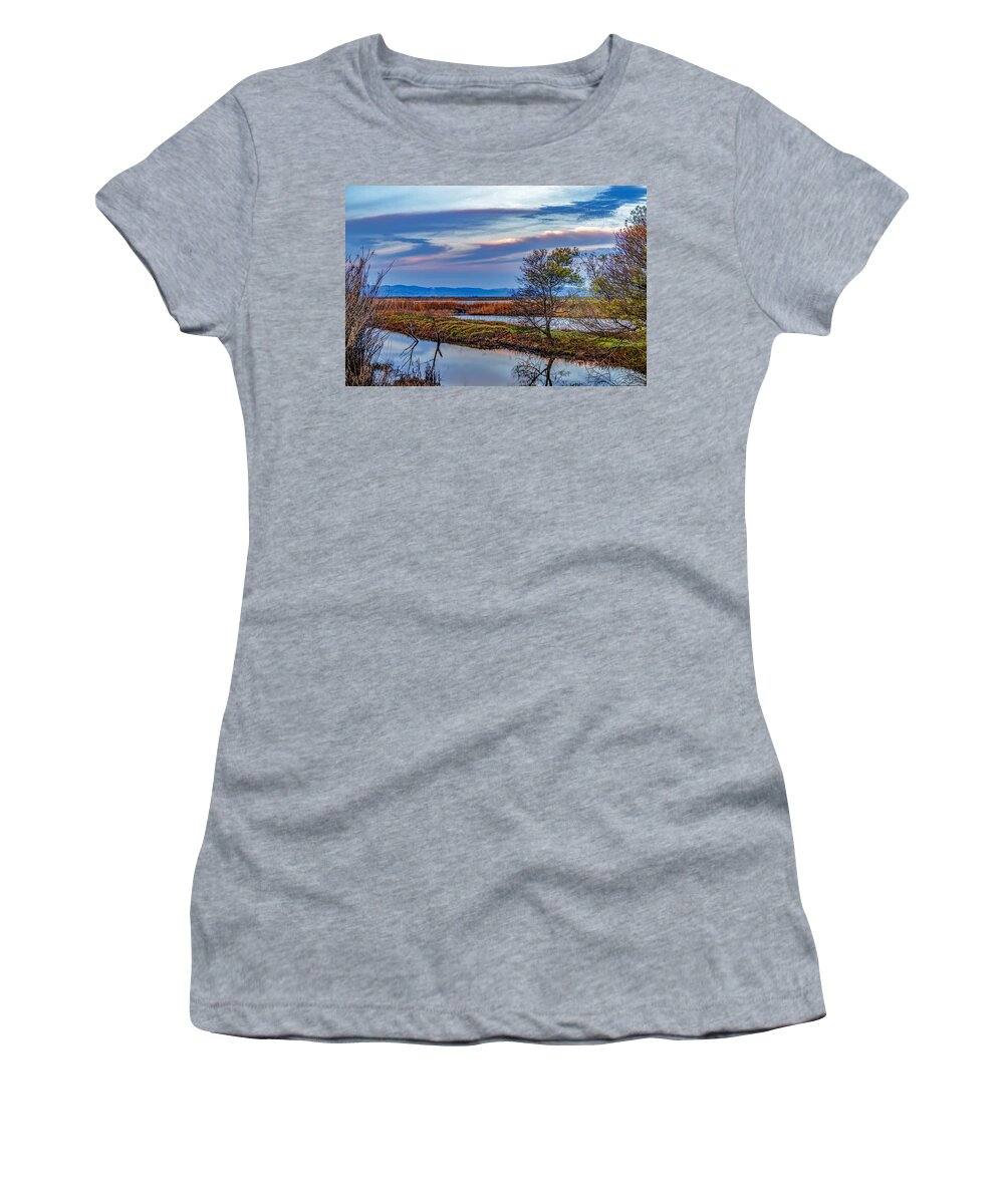 Montezuma Slough Women's T-Shirt featuring the photograph Backside Sunrise by Bruce Bottomley