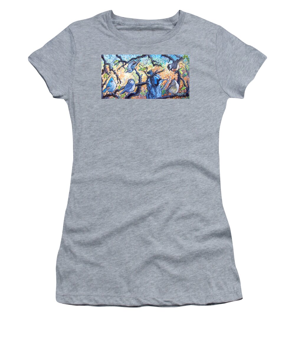 Birds Women's T-Shirt featuring the painting Backyard Gang by Janet McDonald