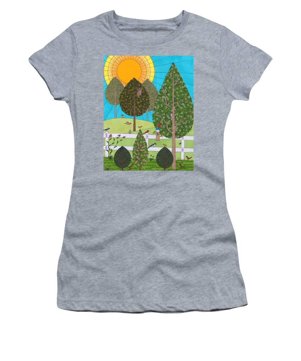 Birds Women's T-Shirt featuring the drawing Backyard Gathering by Pamela Schiermeyer
