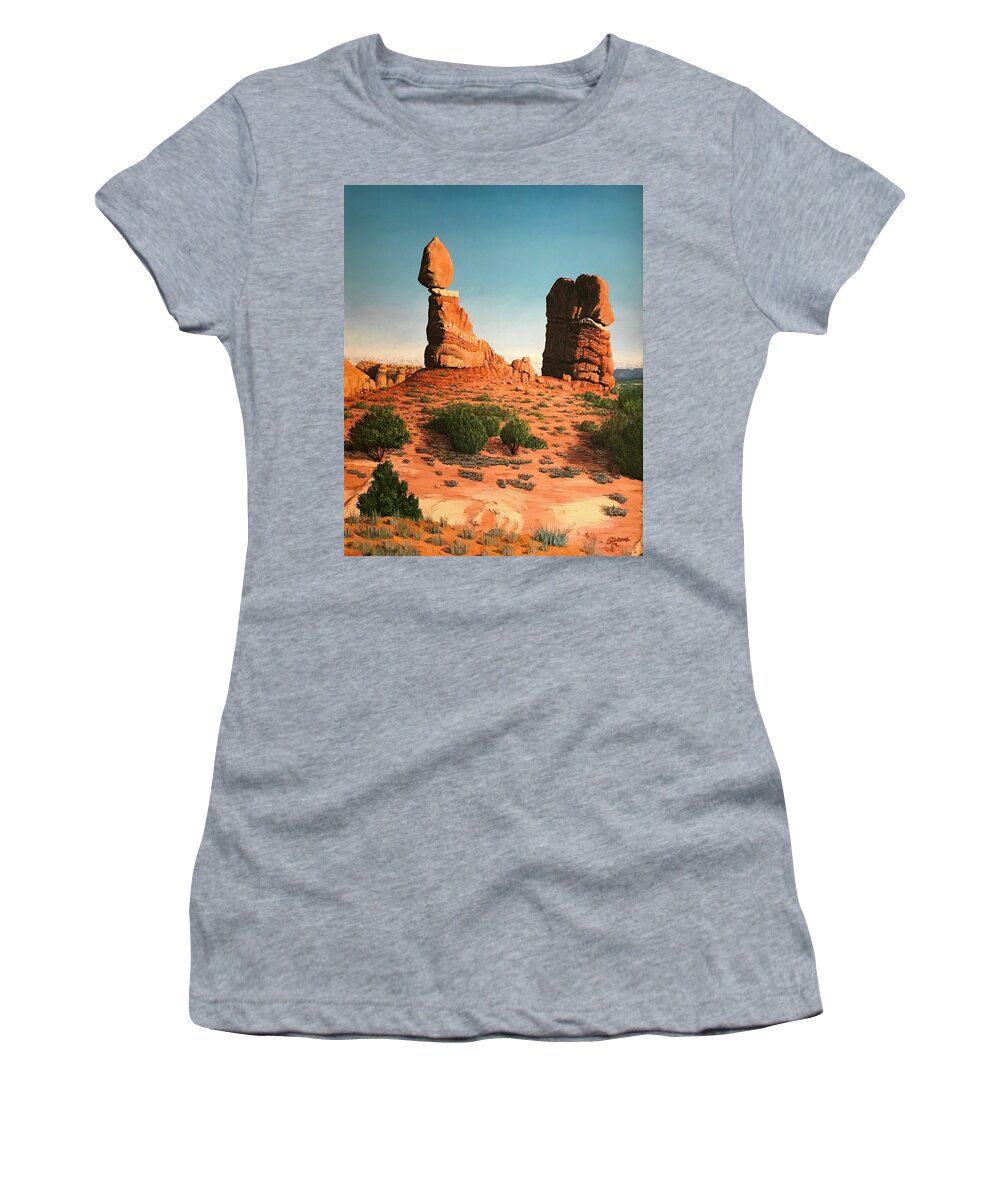 Balanced Rock Women's T-Shirt featuring the digital art Balanced Rock at Arches National Park by Rick Adleman
