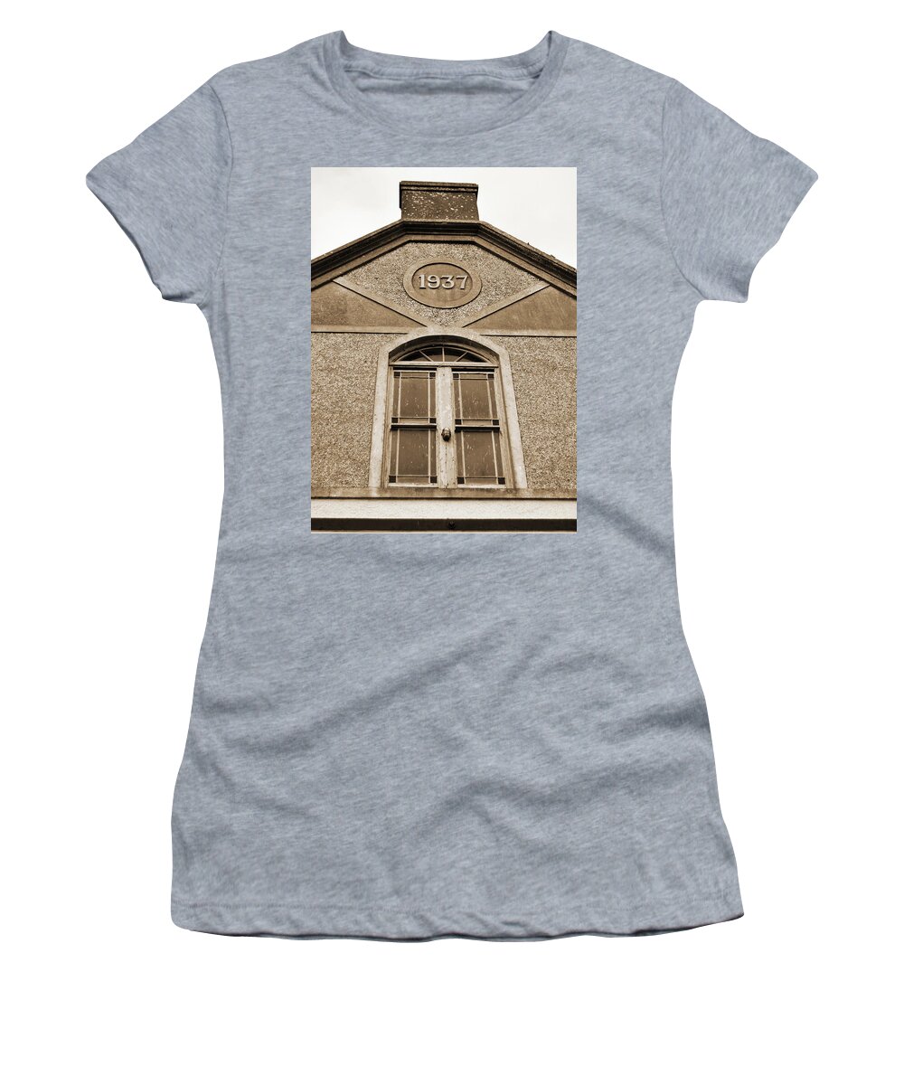 Ballycotton Women's T-Shirt featuring the photograph Ballycotton Cliff Palace Ballroom Window and Chimney County Cork Ireland Sepia by Shawn O'Brien