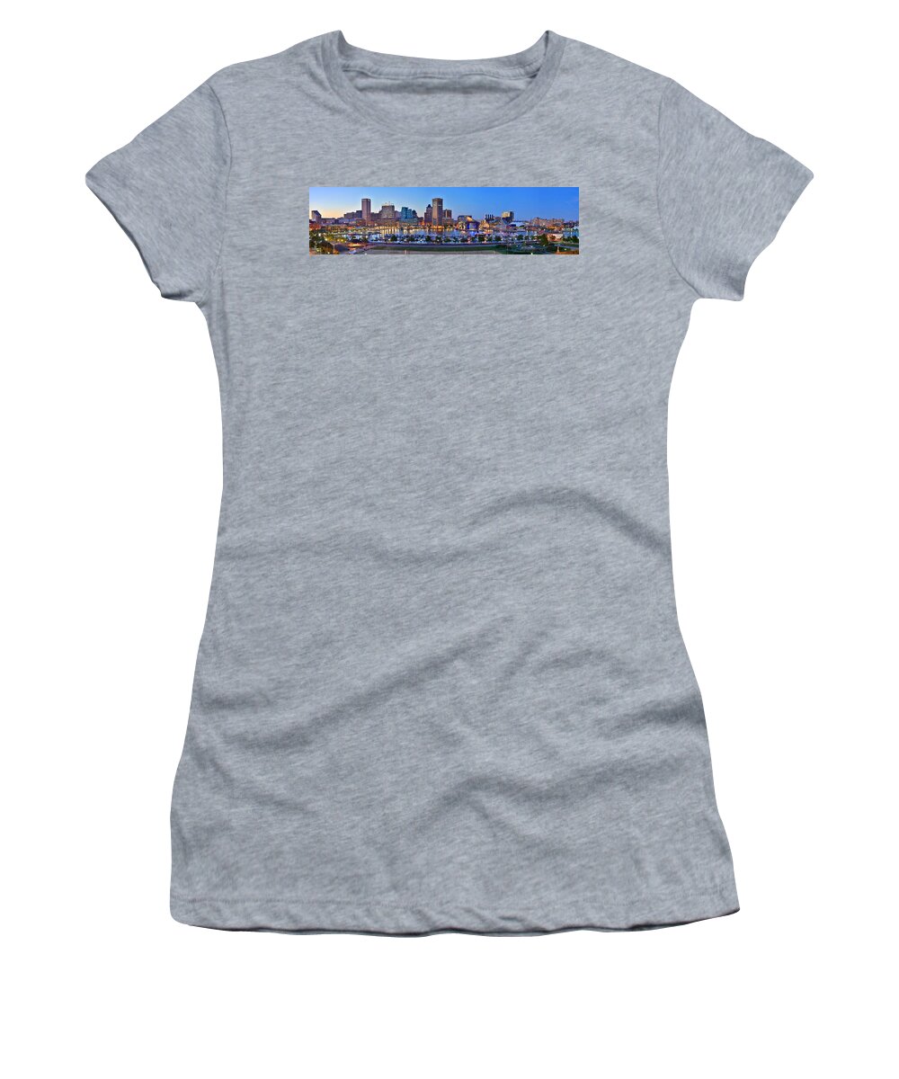 Baltimore Inner Harbor Skyline Women's T-Shirt featuring the photograph Baltimore Skyline Inner Harbor Panorama at Dusk by Jon Holiday