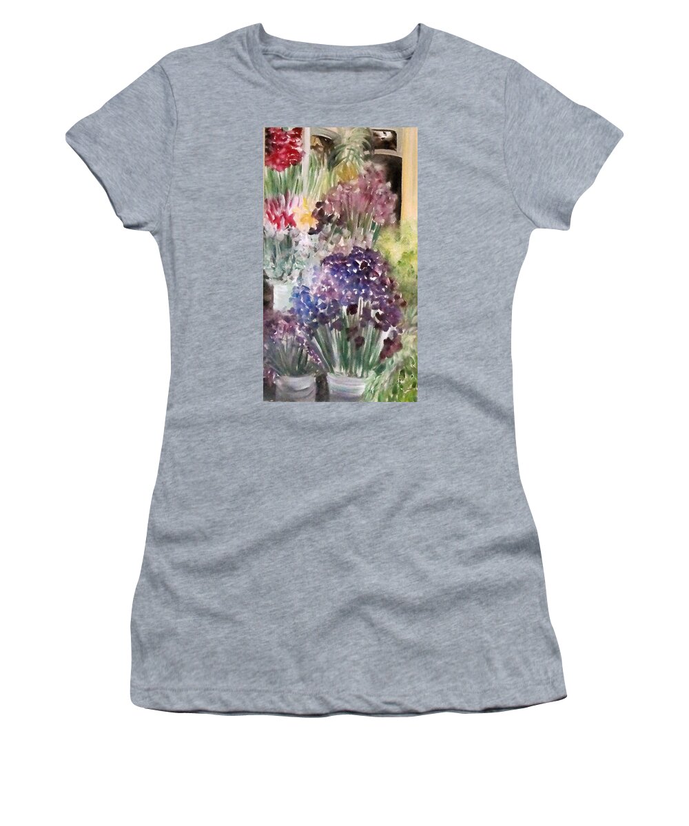 Store Front Scape Women's T-Shirt featuring the painting Barcelona Flower Mart by Chuck Gebhardt