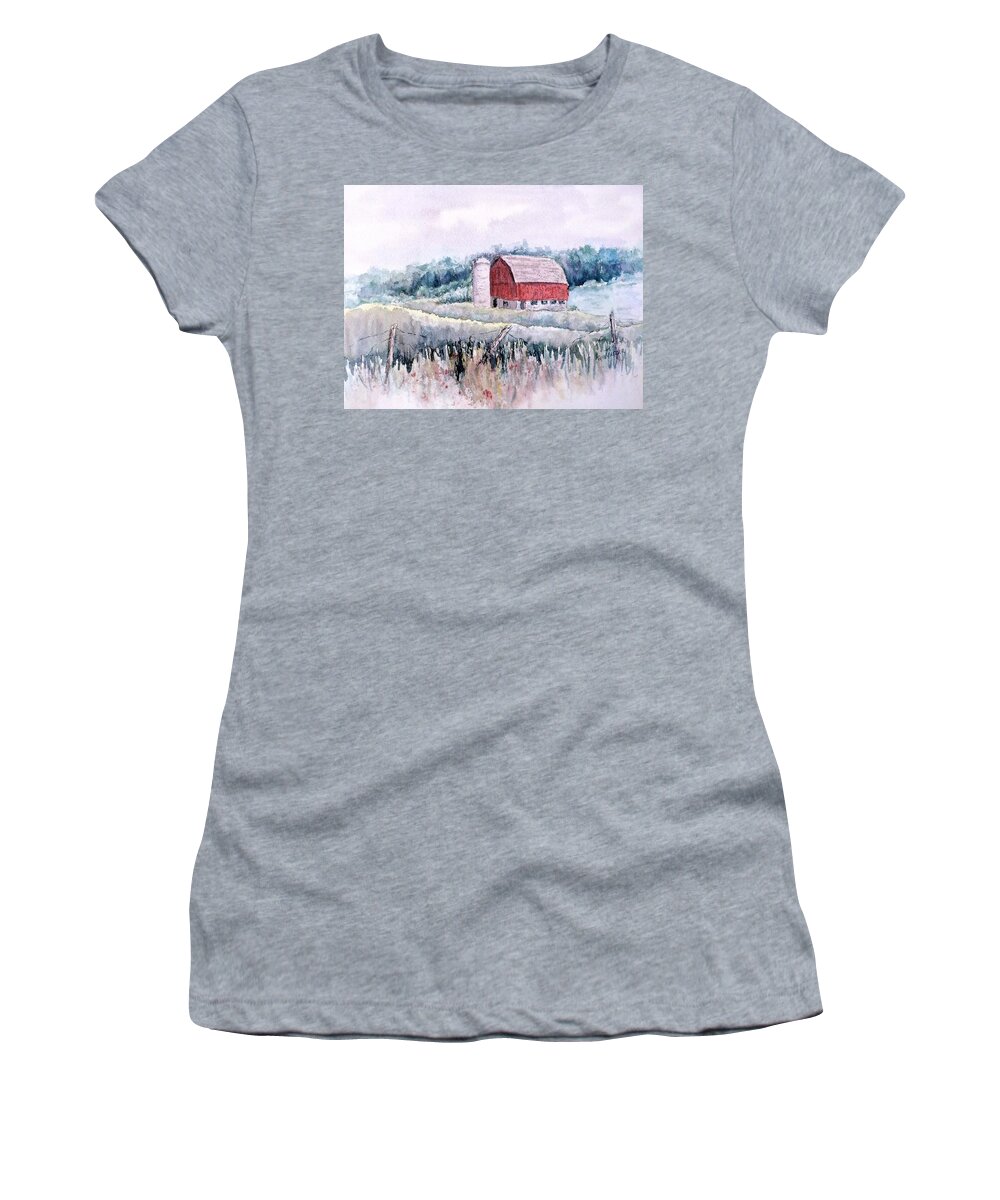 Watercolor Women's T-Shirt featuring the painting Barn on Weinman Road by Carolyn Rosenberger