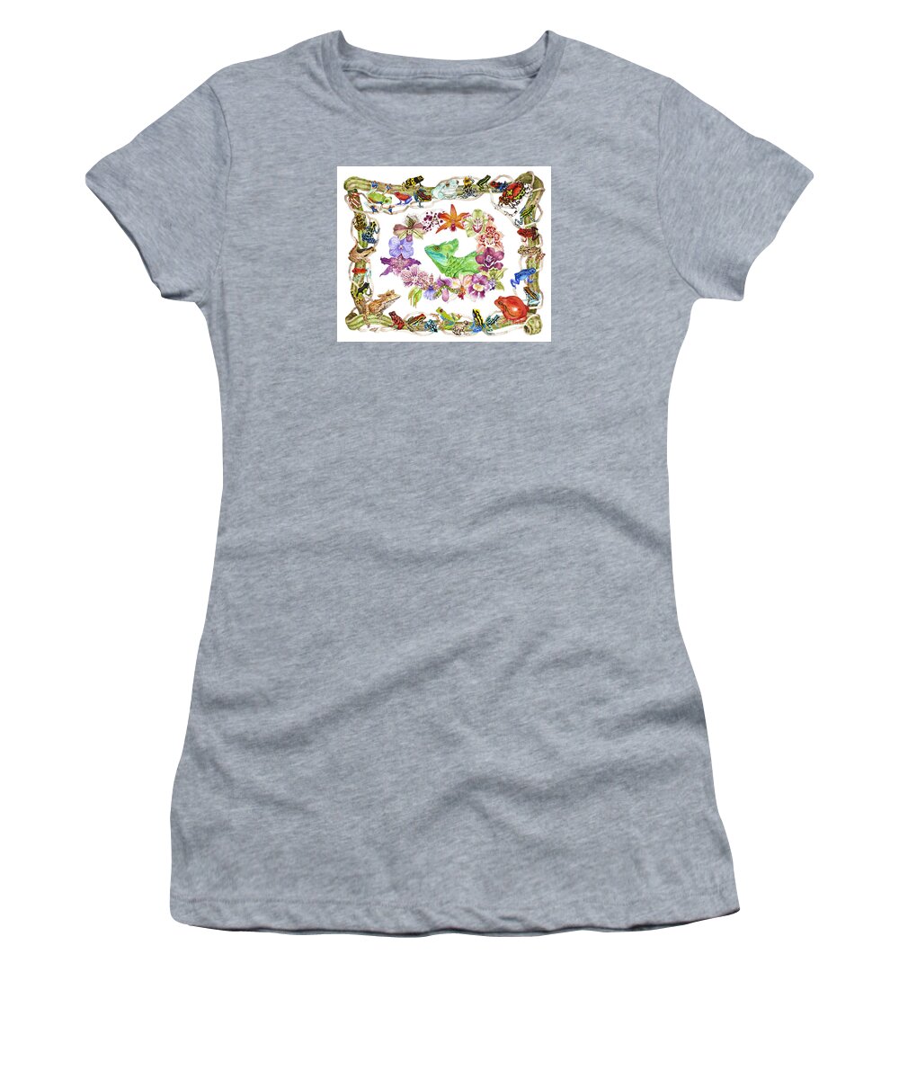 Frogs Women's T-Shirt featuring the painting Basilisk, Orchids, Frogs by Lucy Arnold
