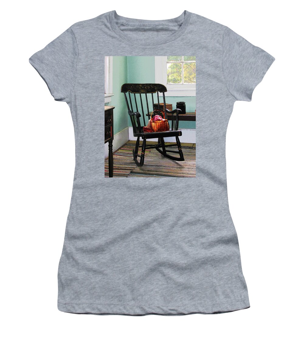 Rocking Chair Women's T-Shirt featuring the photograph Basket of Yarn on Rocking Chair by Susan Savad